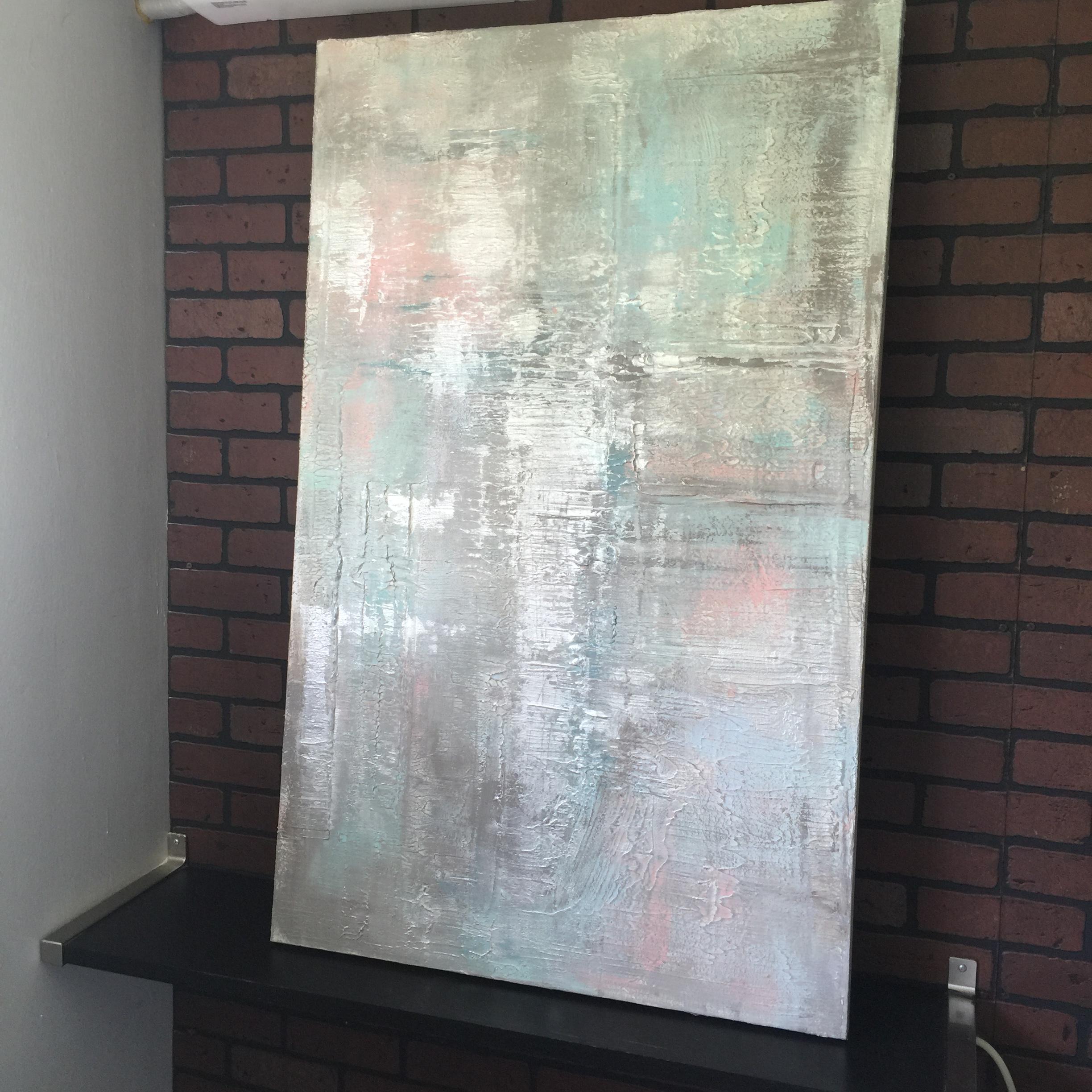 Silver Pink Contemporary Textured Mixed Medium on Canvas, Calm Water 30 x 48