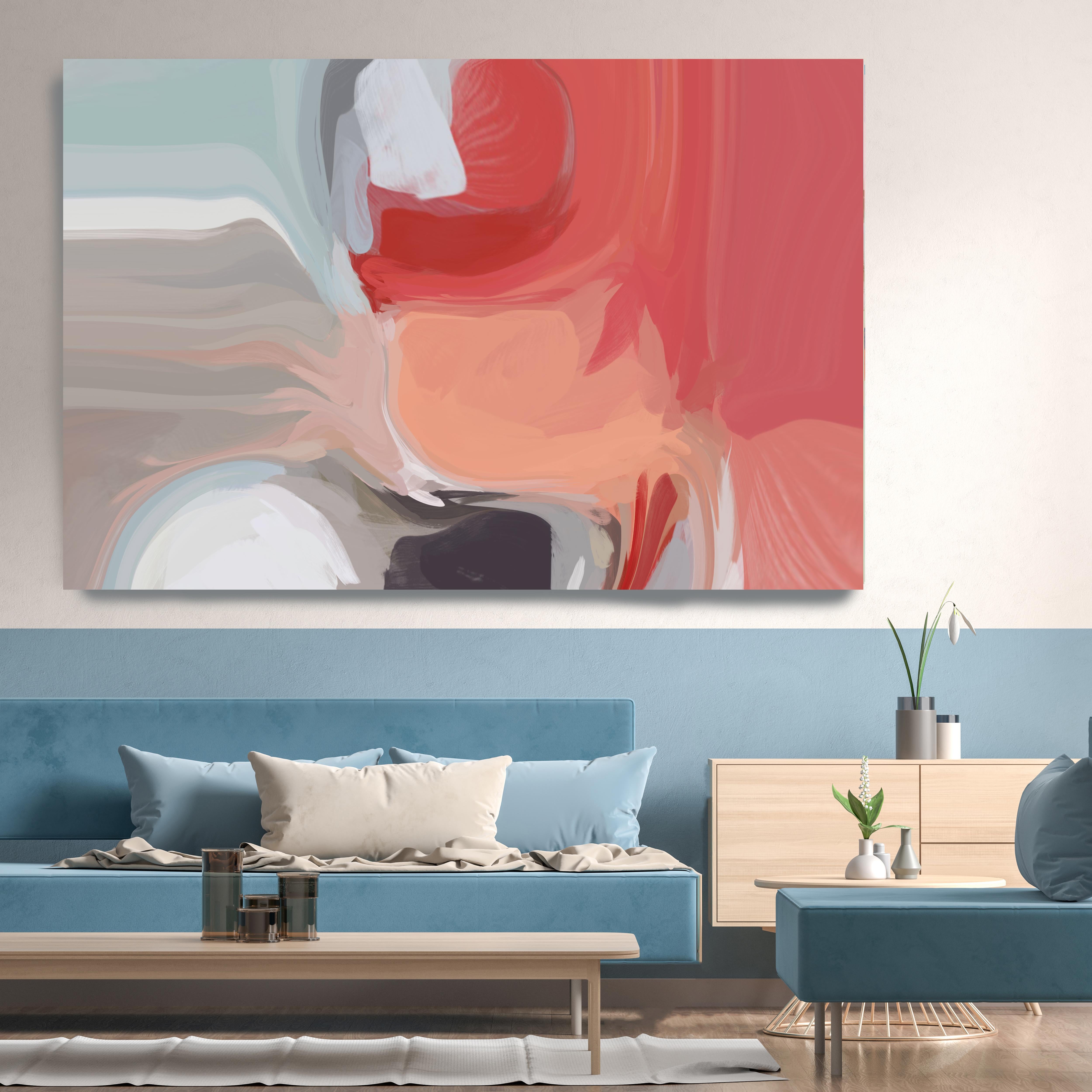 Coral Red Contemporary Flow Painting Mixed Media Canvas 38x56" Moment