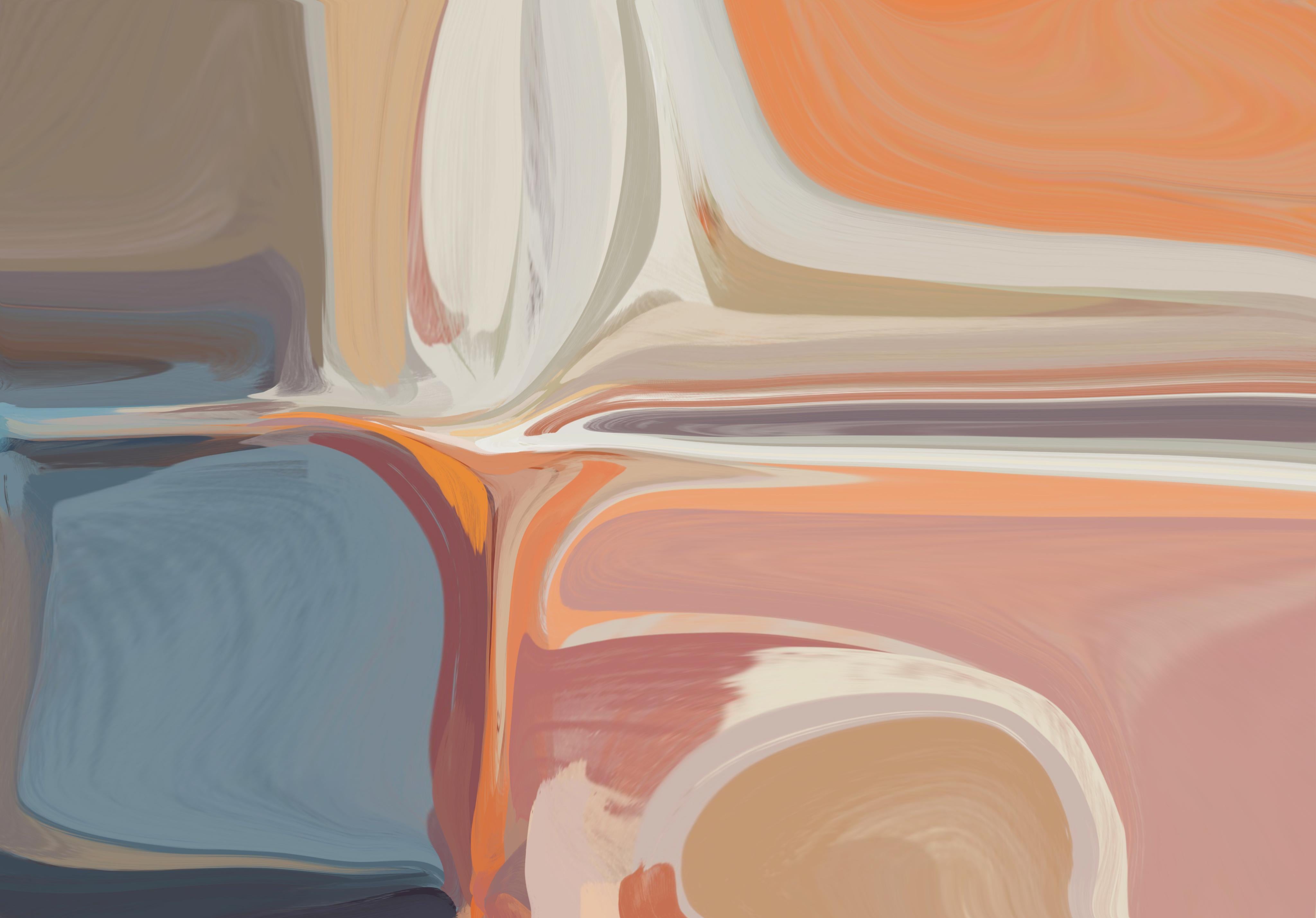 Lienzo mixto moderno de mediados de siglo naranja azul 38x56 - Painting de Irena Orlov