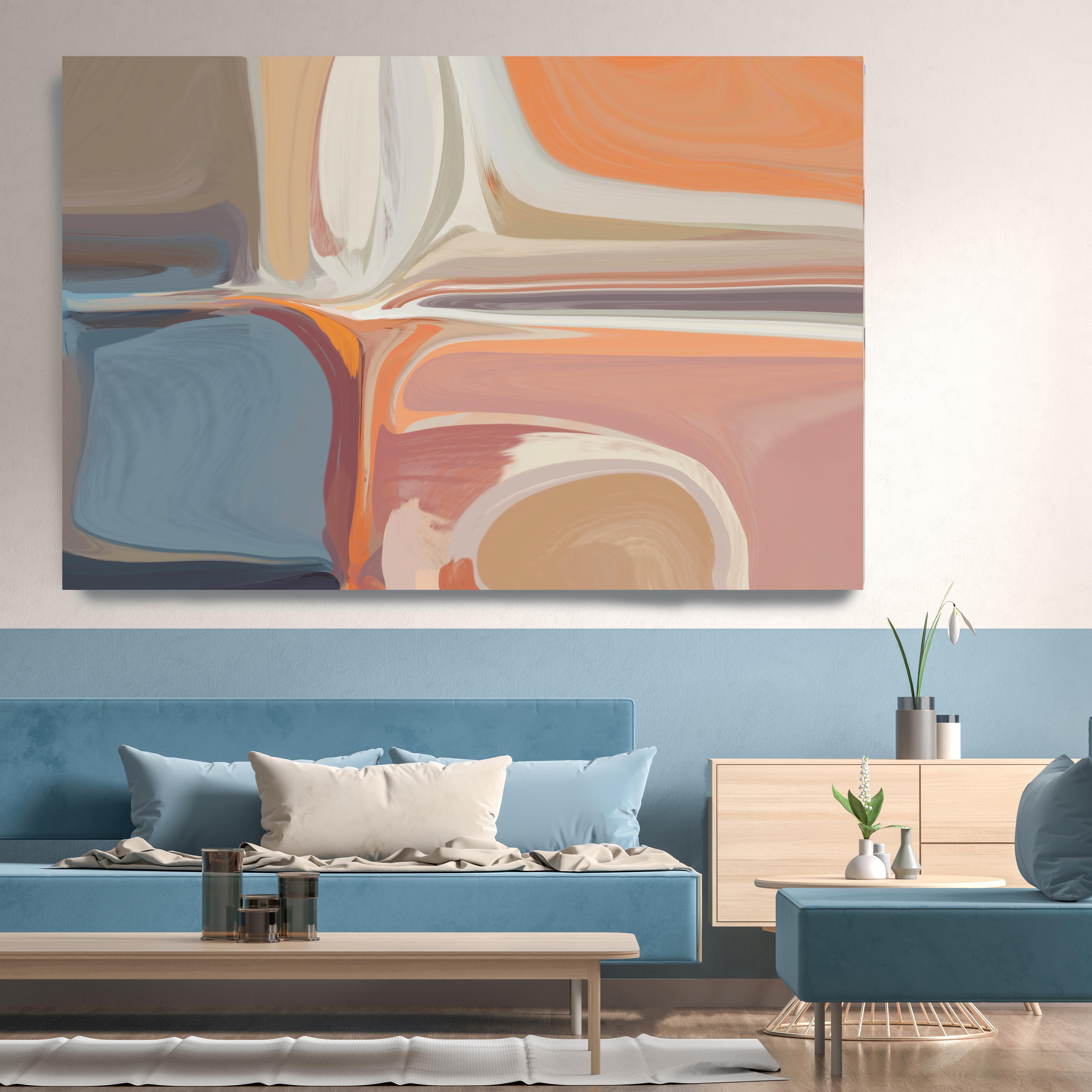 Mid-Century Modern Orange Blue Painting Mixed Media Canvas 38x56"