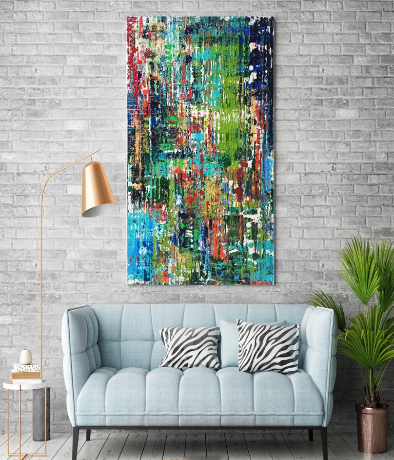 Irena Orlov Abstract Painting - Green Blue Abstract Mixed Media on Canvas: Textured, Summer Breeze 24 x 48"
