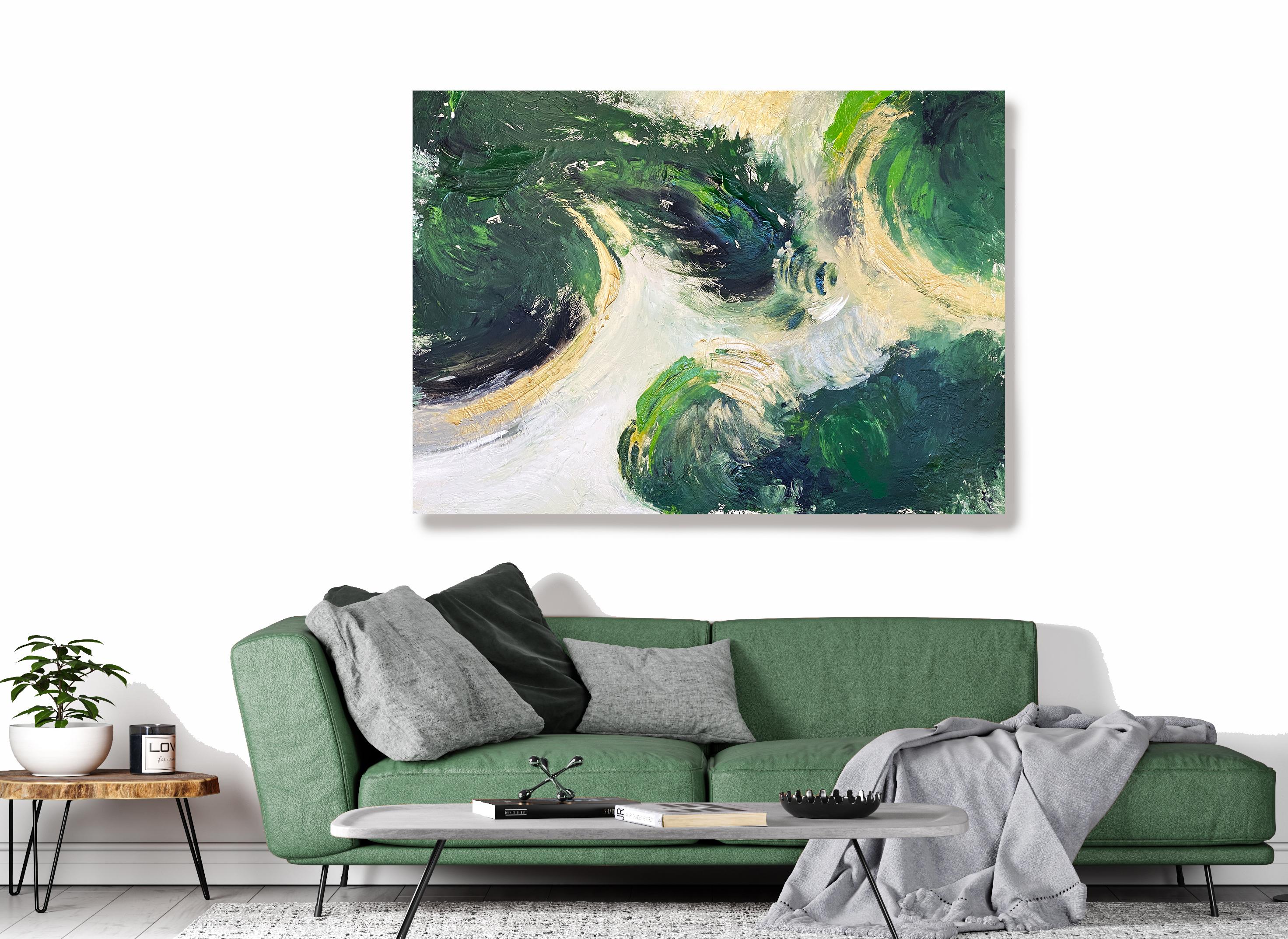 Irena Orlov Abstract Painting - Green Gold Acrylic Interior Painting, 48W X 36"H Abstract Art Magical Forest