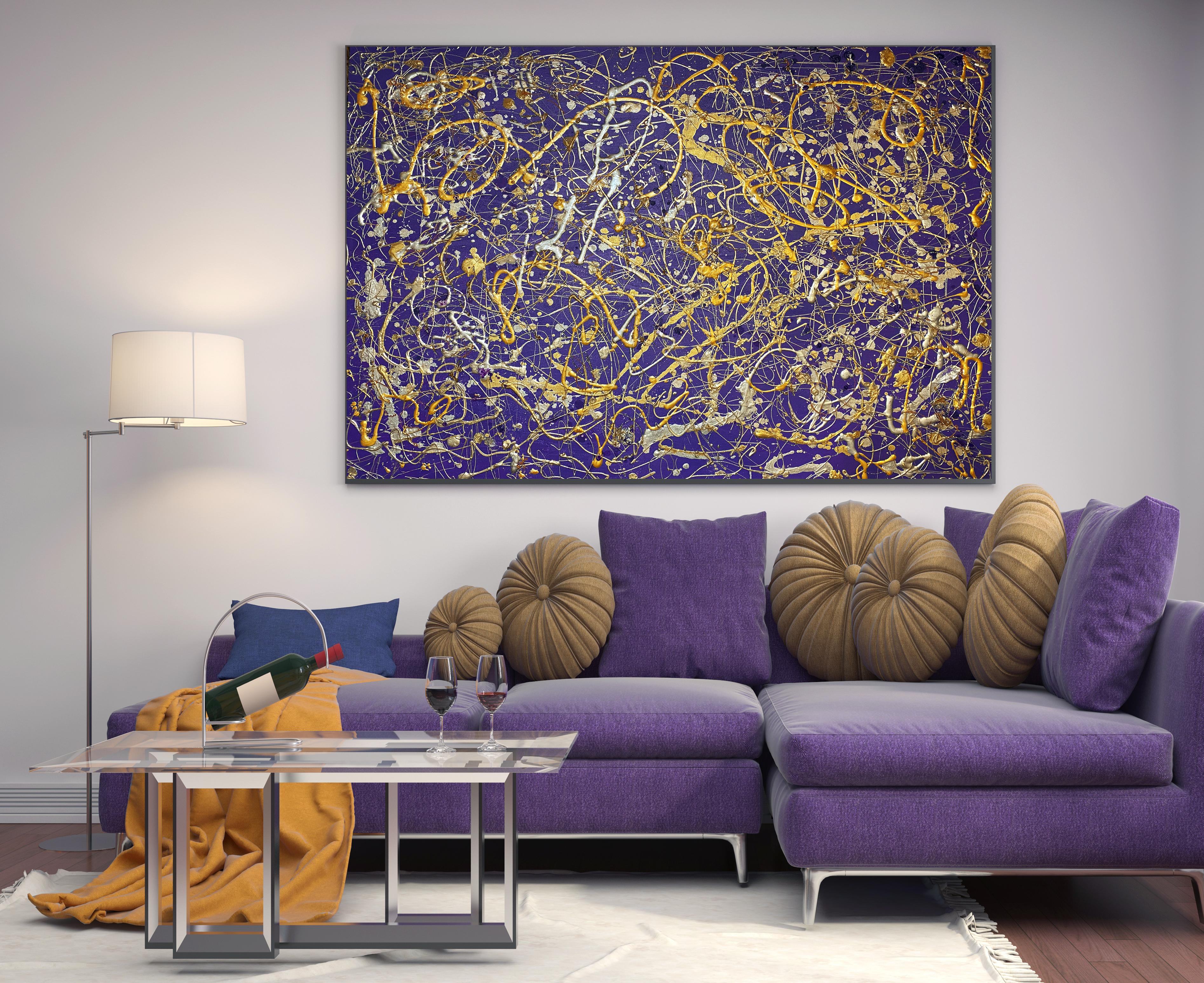 Abstract Painting Irena Orlov - Peinture sur toile d'abstraction gestuelle inspirée du bijou violet Jackson Pollock