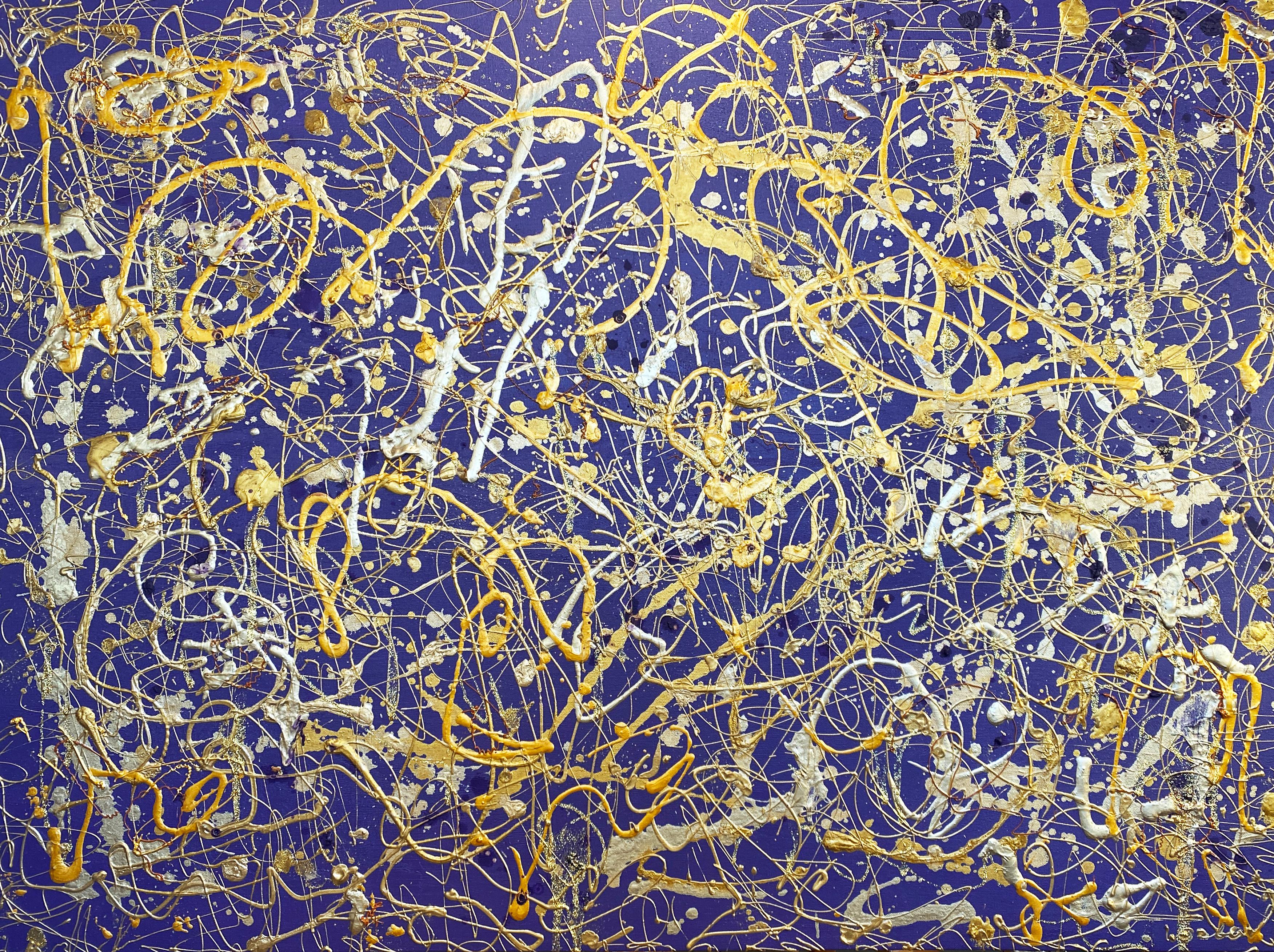 Jackson Pollock inspirierte gestische Abstraktion, Gemälde auf Leinwand, lila Juwel – Painting von Irena Orlov