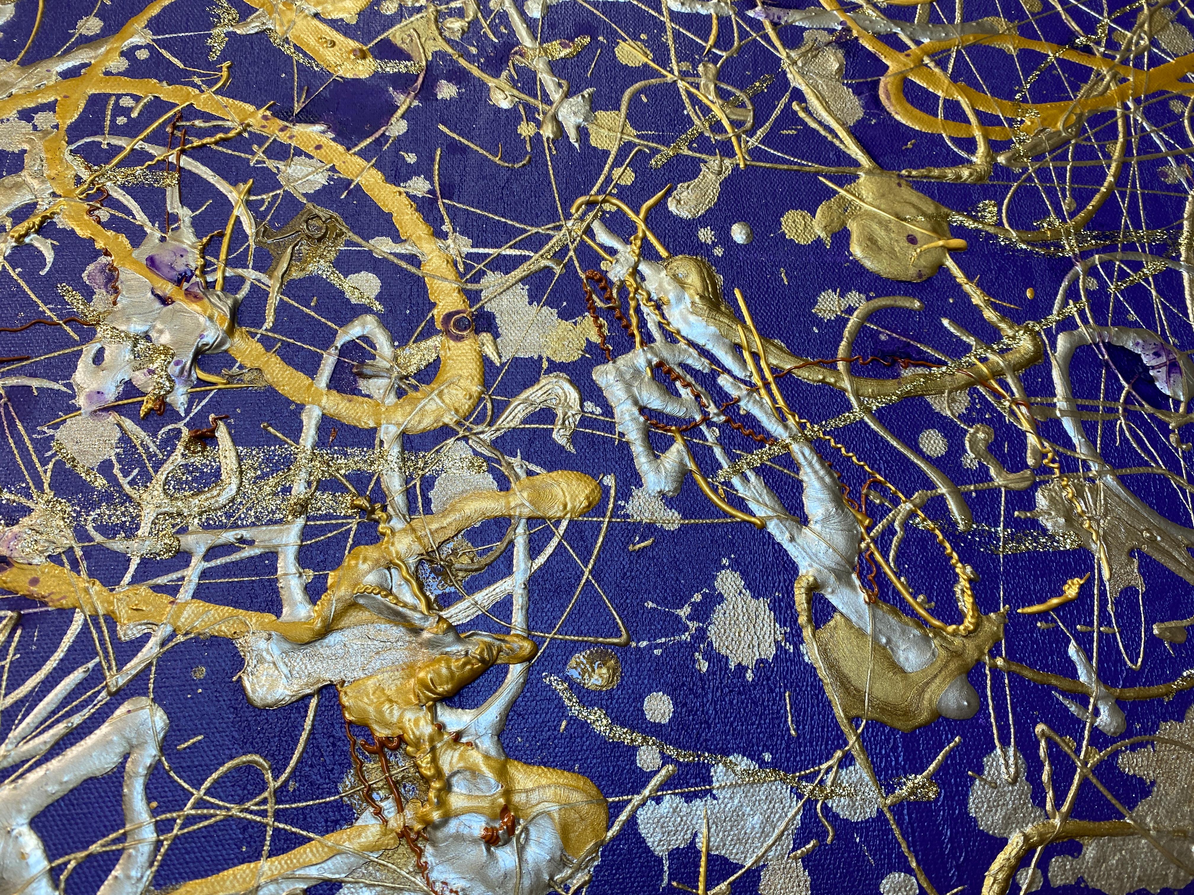 Jackson Pollock inspirierte gestische Abstraktion, Gemälde auf Leinwand, lila Juwel (Grau), Abstract Painting, von Irena Orlov