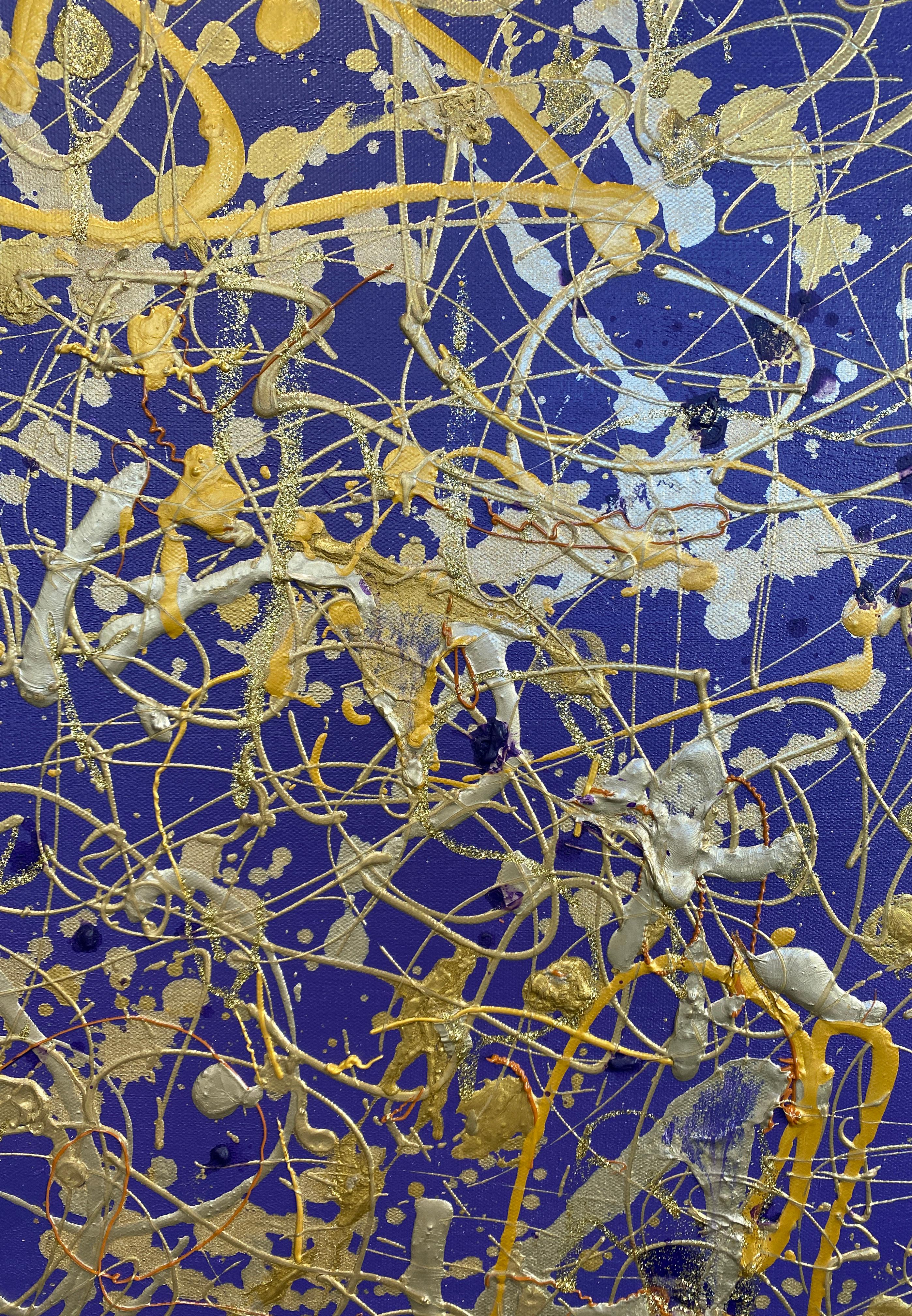 Peinture sur toile d'abstraction gestuelle inspirée du bijou violet Jackson Pollock - Gris Abstract Painting par Irena Orlov