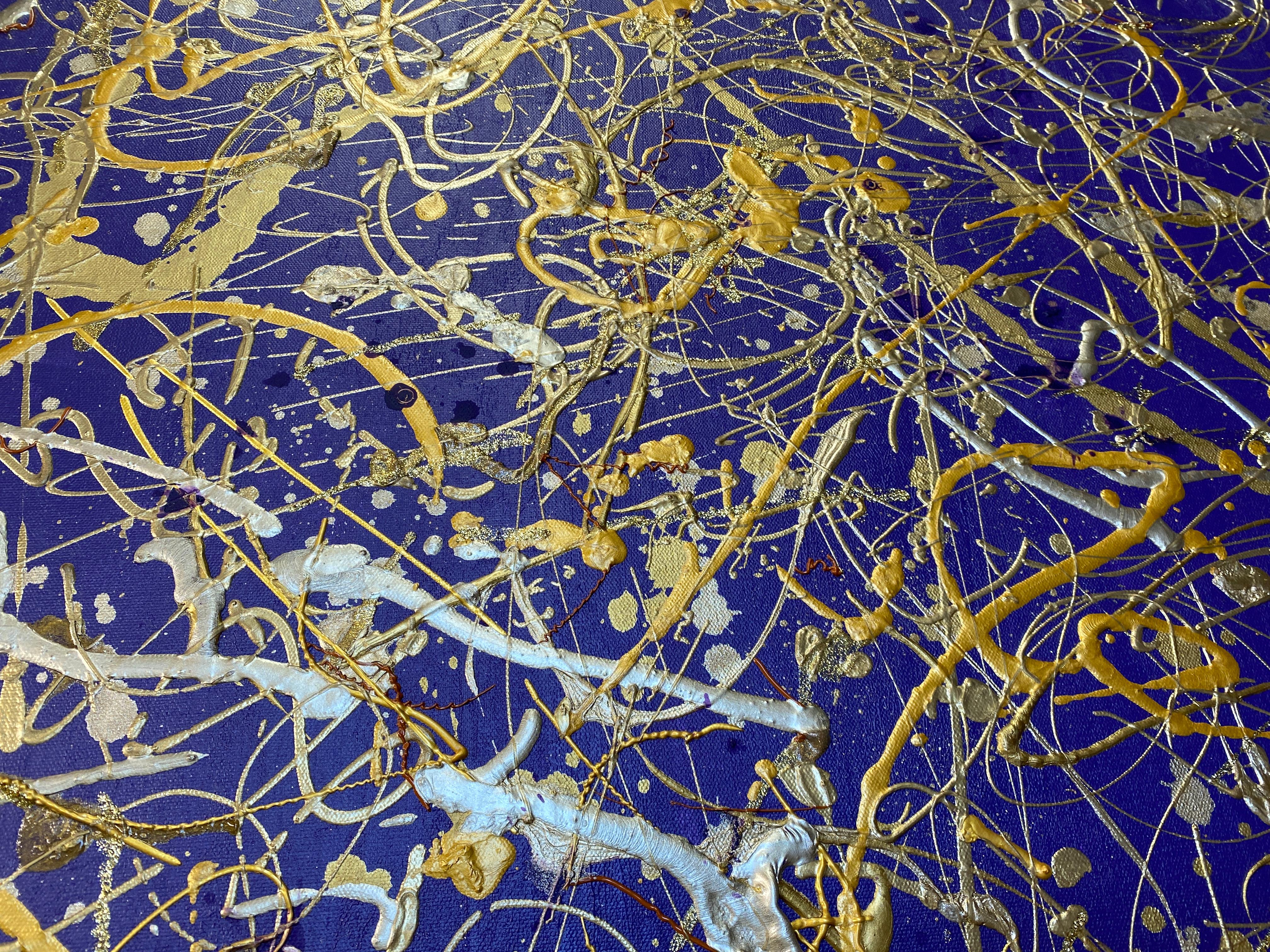 Jackson Pollock inspirierte gestische Abstraktion, Gemälde auf Leinwand, lila Juwel im Angebot 2