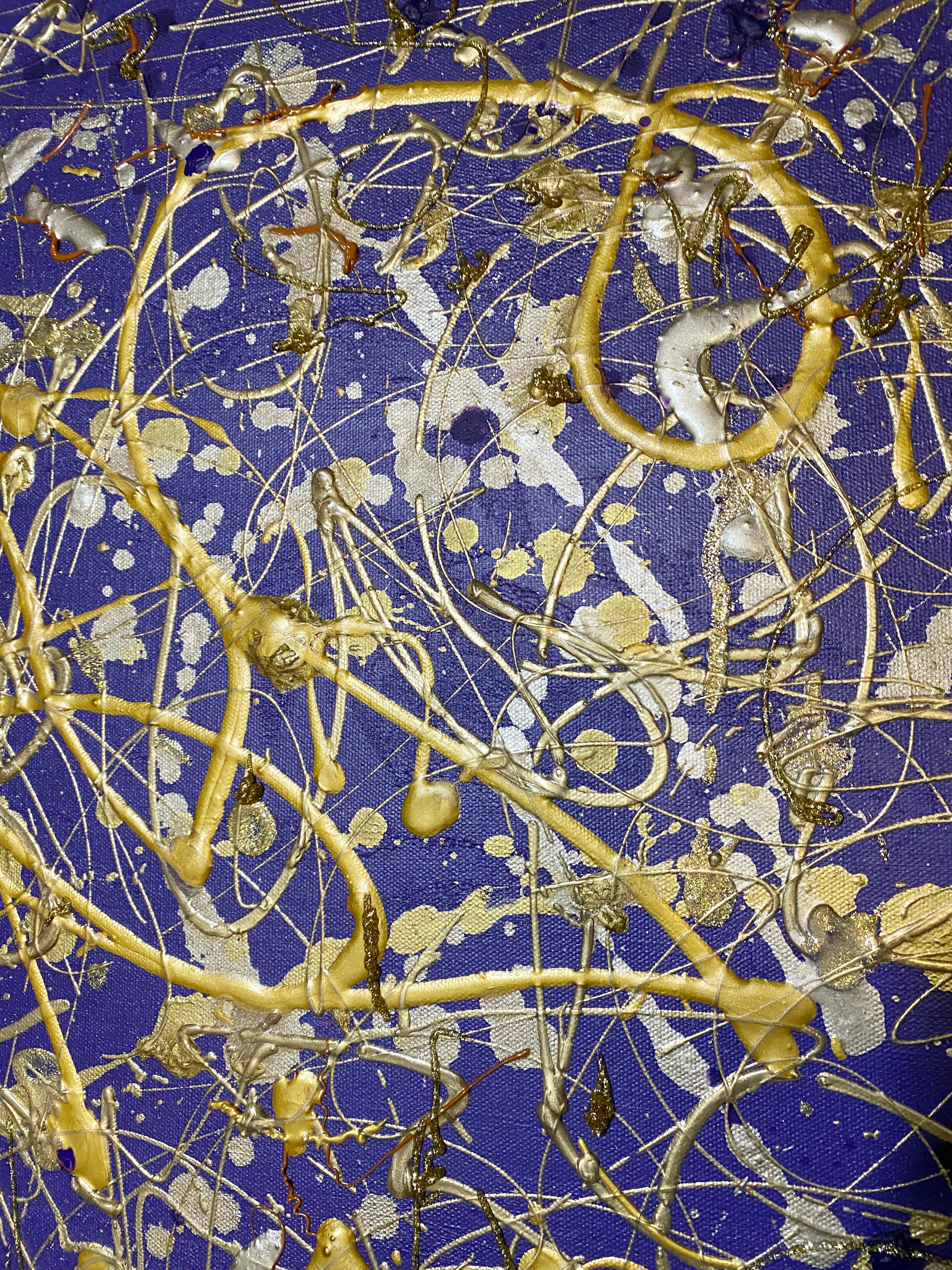 Jackson Pollock inspirierte gestische Abstraktion, Gemälde auf Leinwand, lila Juwel im Angebot 3