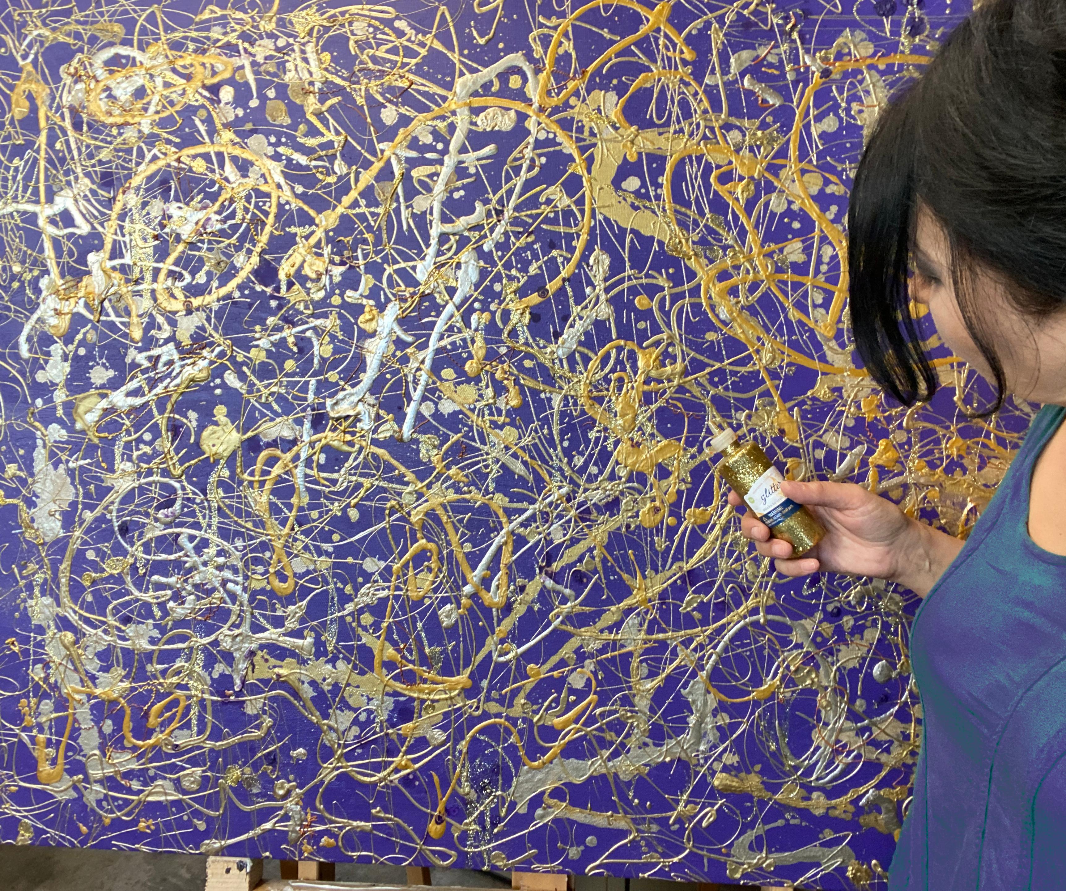 Peinture sur toile d'abstraction gestuelle inspirée du bijou violet Jackson Pollock en vente 3