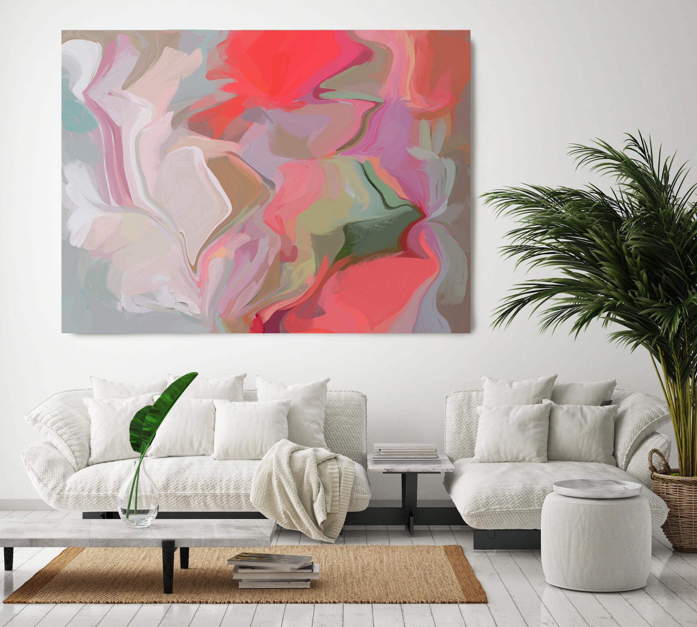 Irena Orlov Abstract Painting – Rosa-rosa-grünes Gemälde, Mixed Media, Leinwand, Melodische Intervals