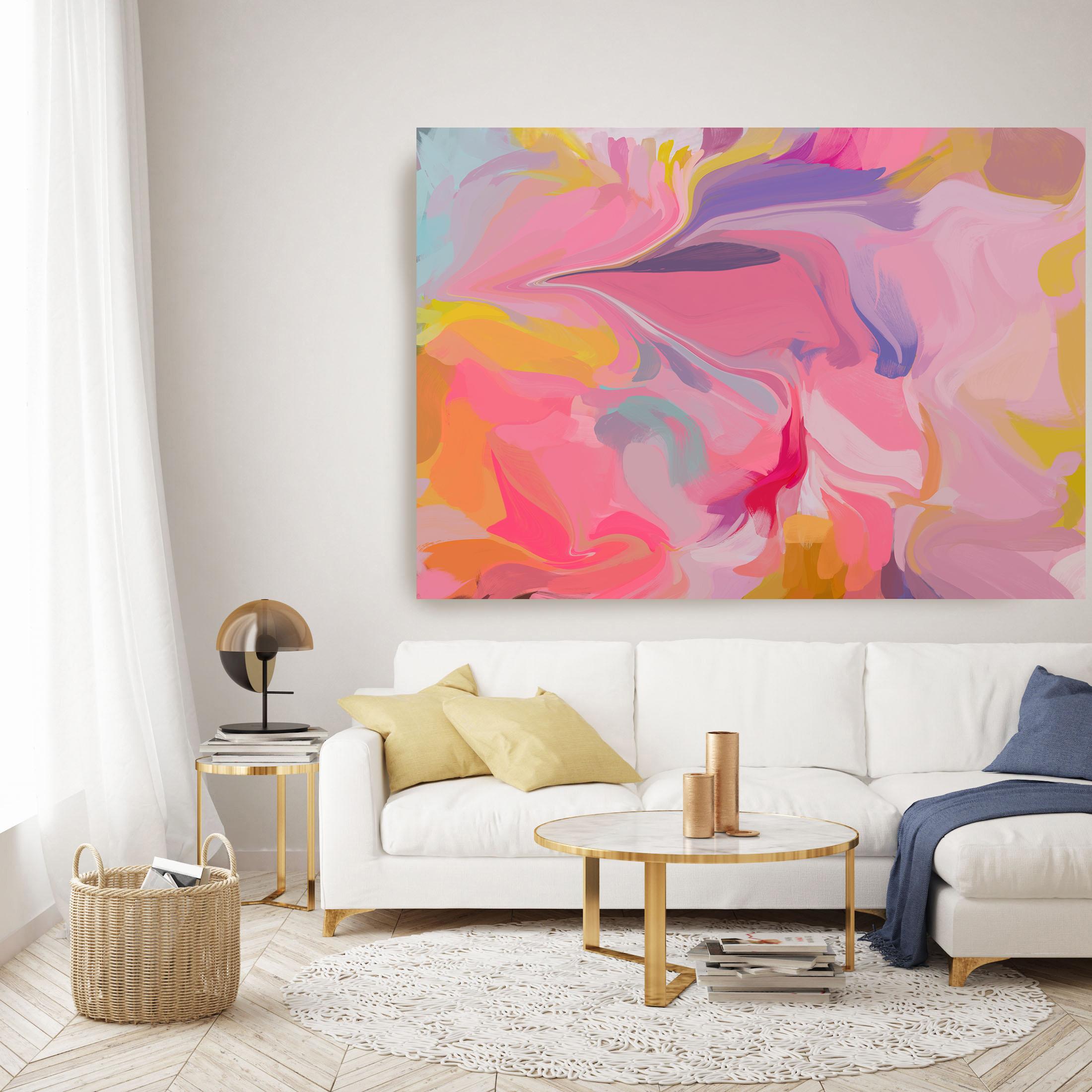 Abstract Pink Yellow Painting Mixed Media Canvas 38x56" Aesthetic Perspective