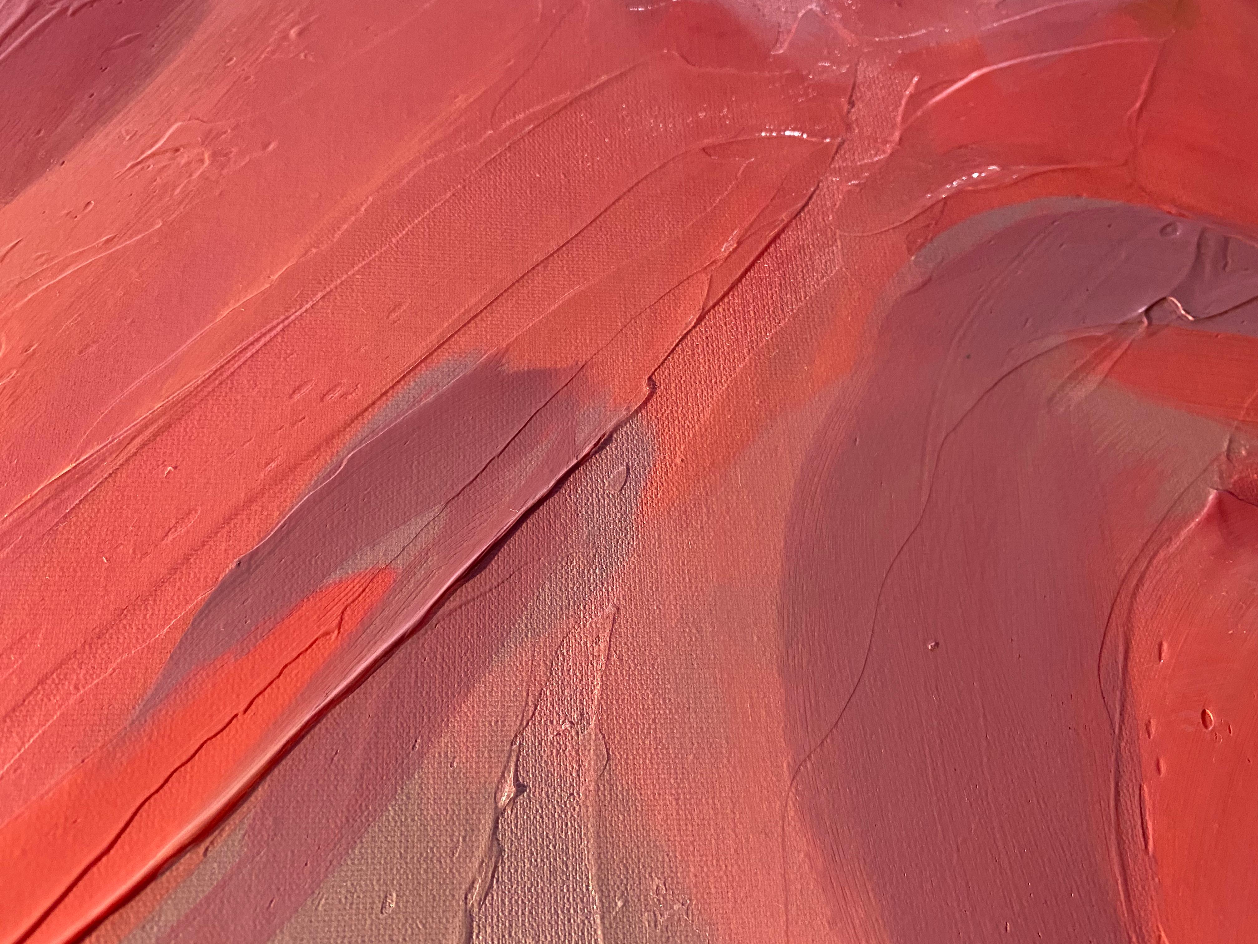 Pittura astratta di flusso rosso corallo su tela 45x60