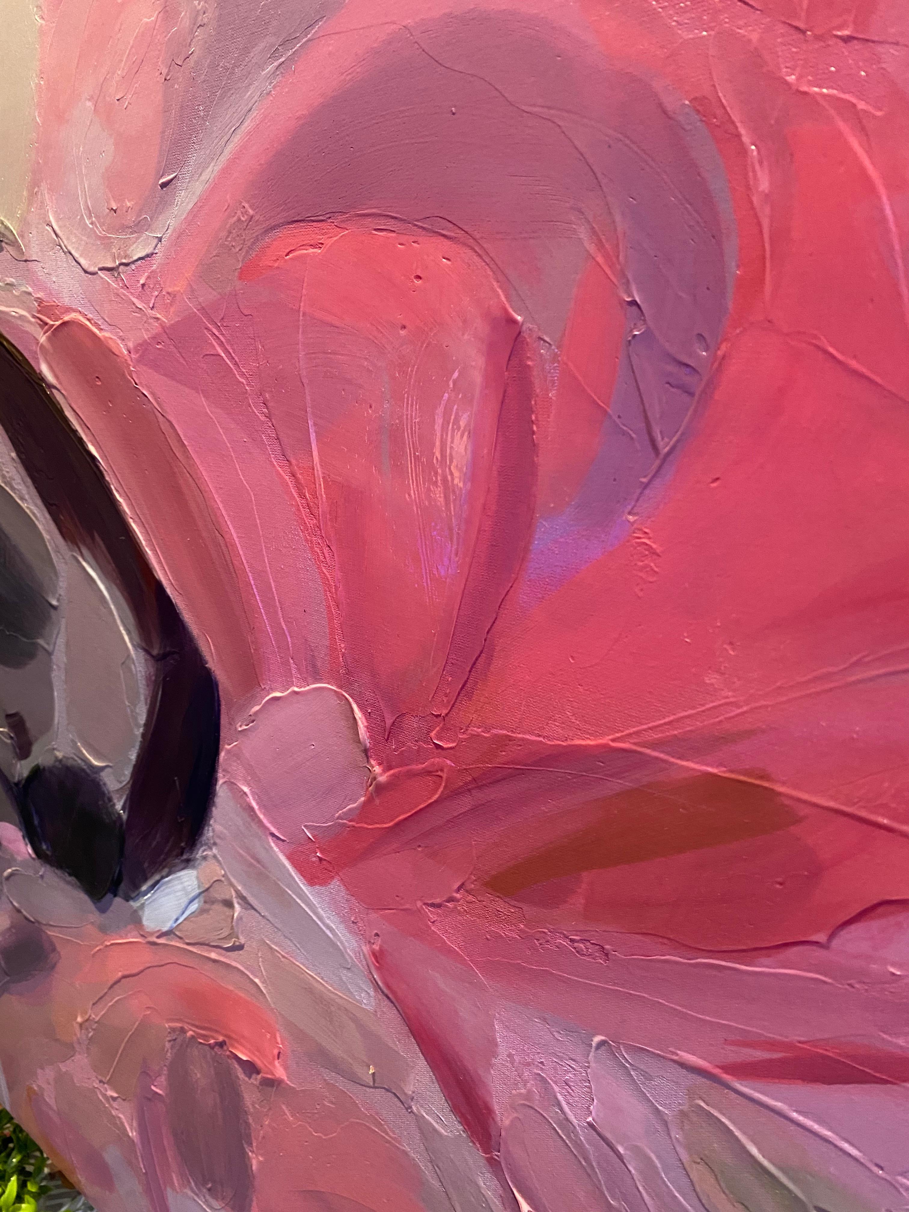 Toile en technique mixte contemporaine rose pourpre 45 x 45 pouces, action - Contemporain Painting par Irena Orlov