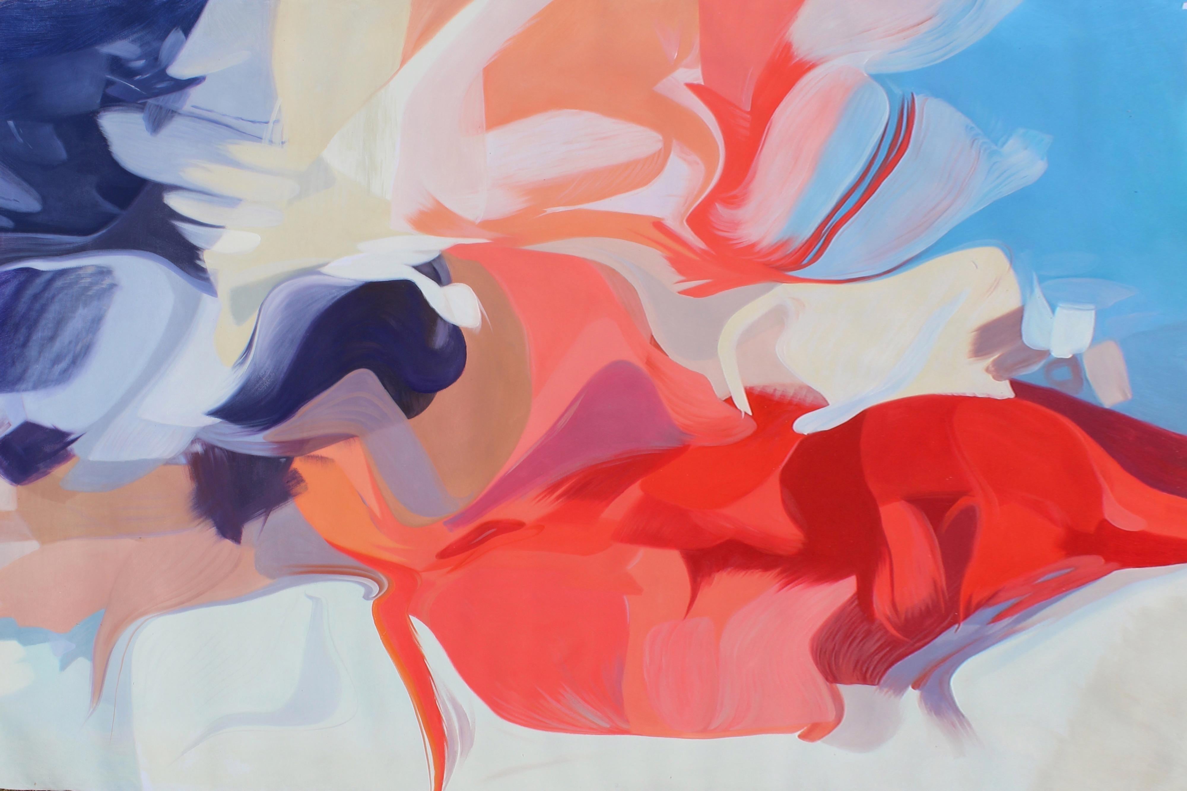 Abstract Painting Irena Orlov - Peinture abstraite sur toile bleu-rouge 55x78", naissance d'une idée, pièce de collection
