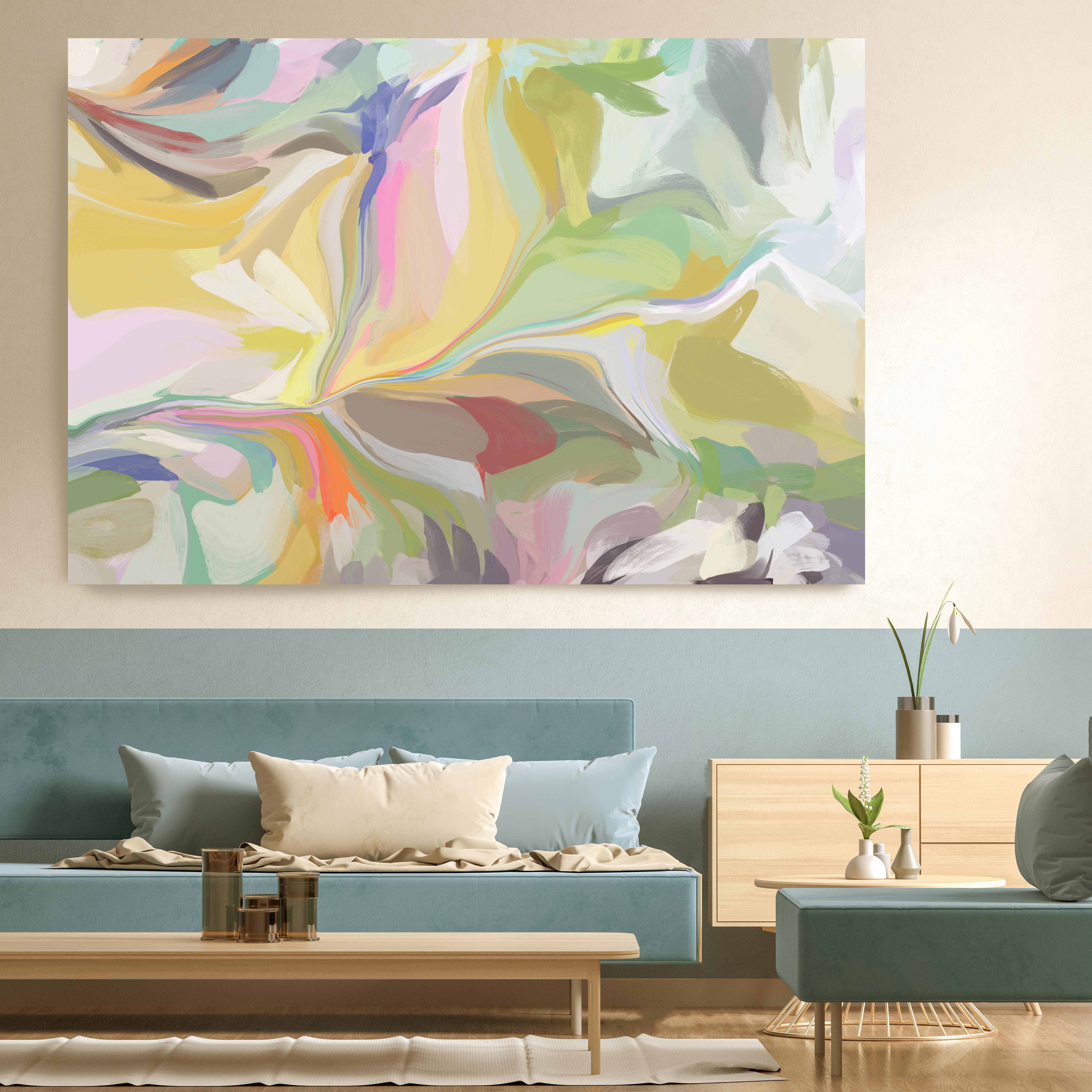 Pintura abstracta en técnica mixta amarillo-verde  Lienzo 40x65