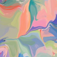 Toile d'art en techniques mixtes abstraites verte et rose 48x48" Un nouveau jour d'été 1