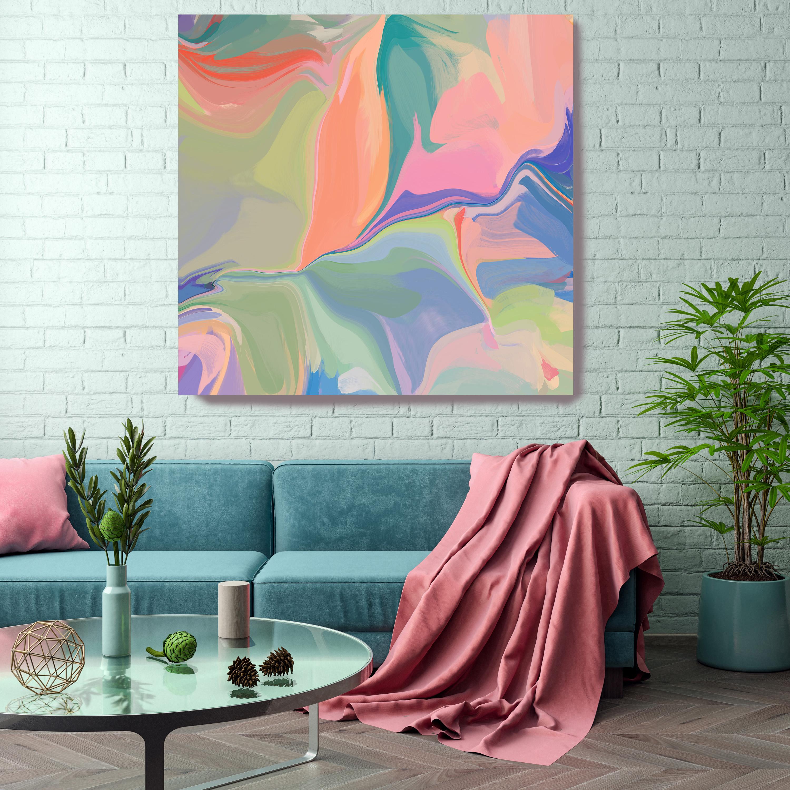 Irena Orlov Interior Painting - Green Pink Abstract Mixed Media Canvas Art 48x48" A new Summer Day 1