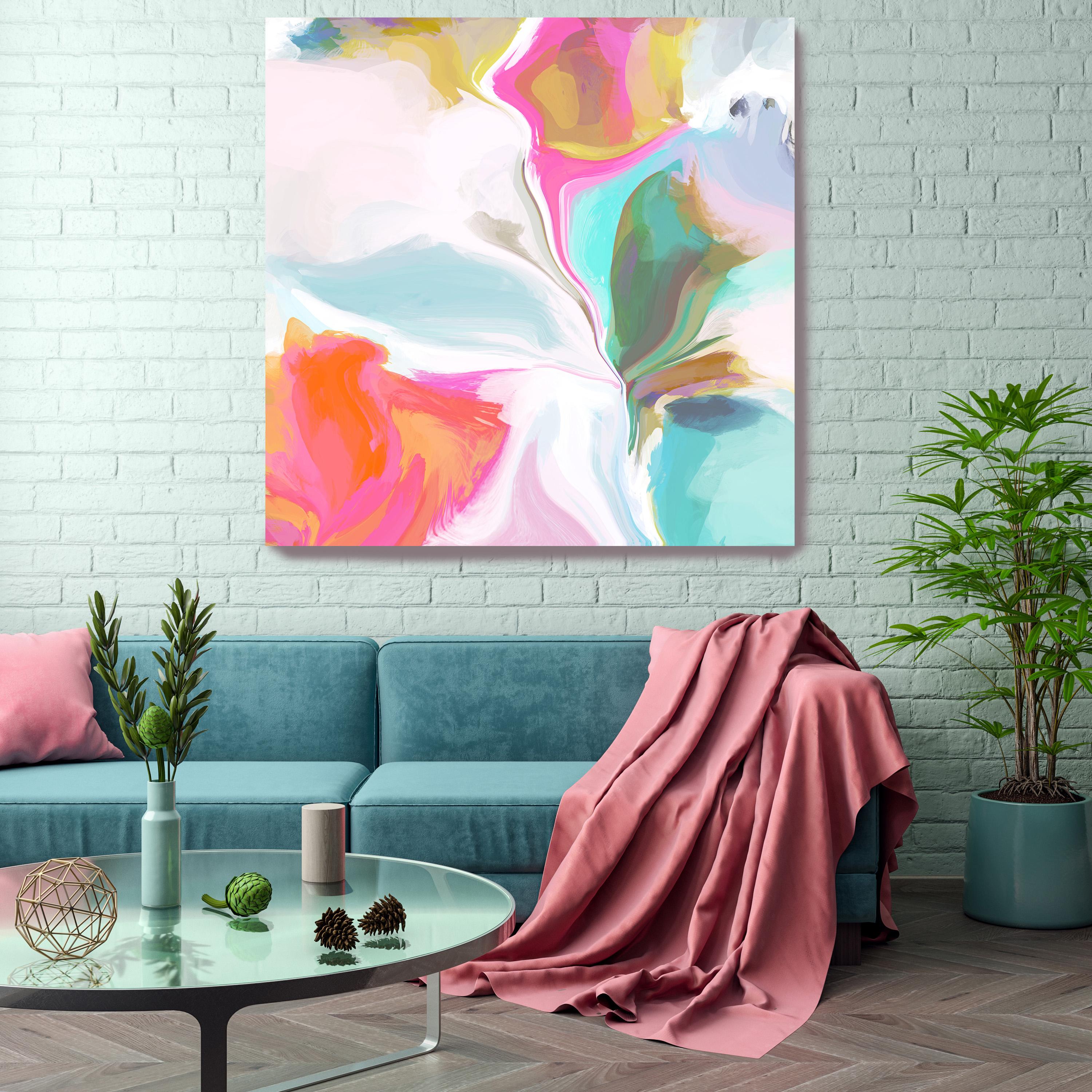 Irena Orlov Interior Painting - Orange Aqua Abstract Mixed Media on Canvas Art 48x48" Abstract #2