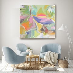 Gelb-, Grün-, Orange- und Orangefarbenes Gemälde Mixed Media auf Leinwand 48x48" Ein einzelner Moment 2