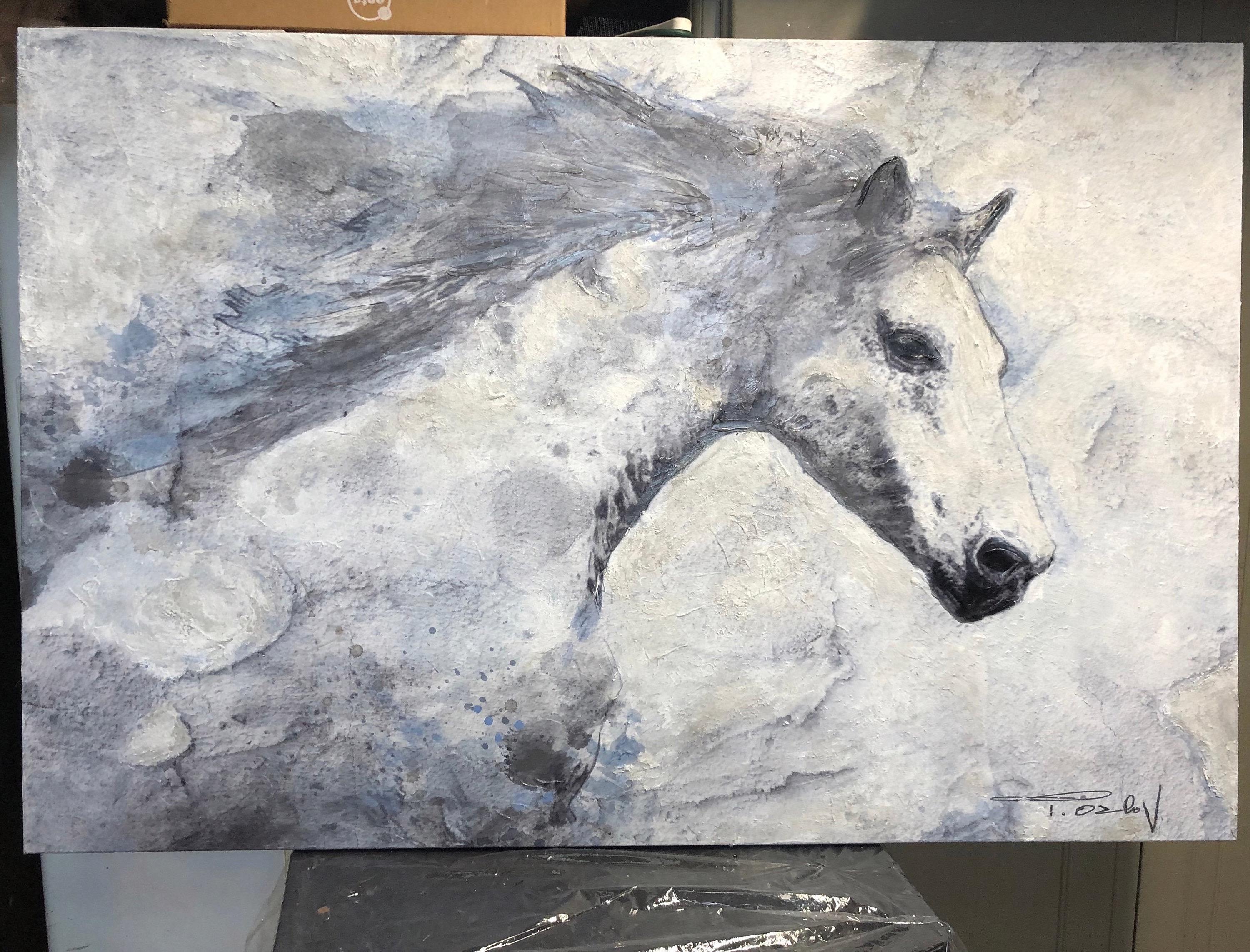 Blaues Himmelpferd Weißes Pferd Mixed Media auf Leinwand Irena Orlov im Angebot 3