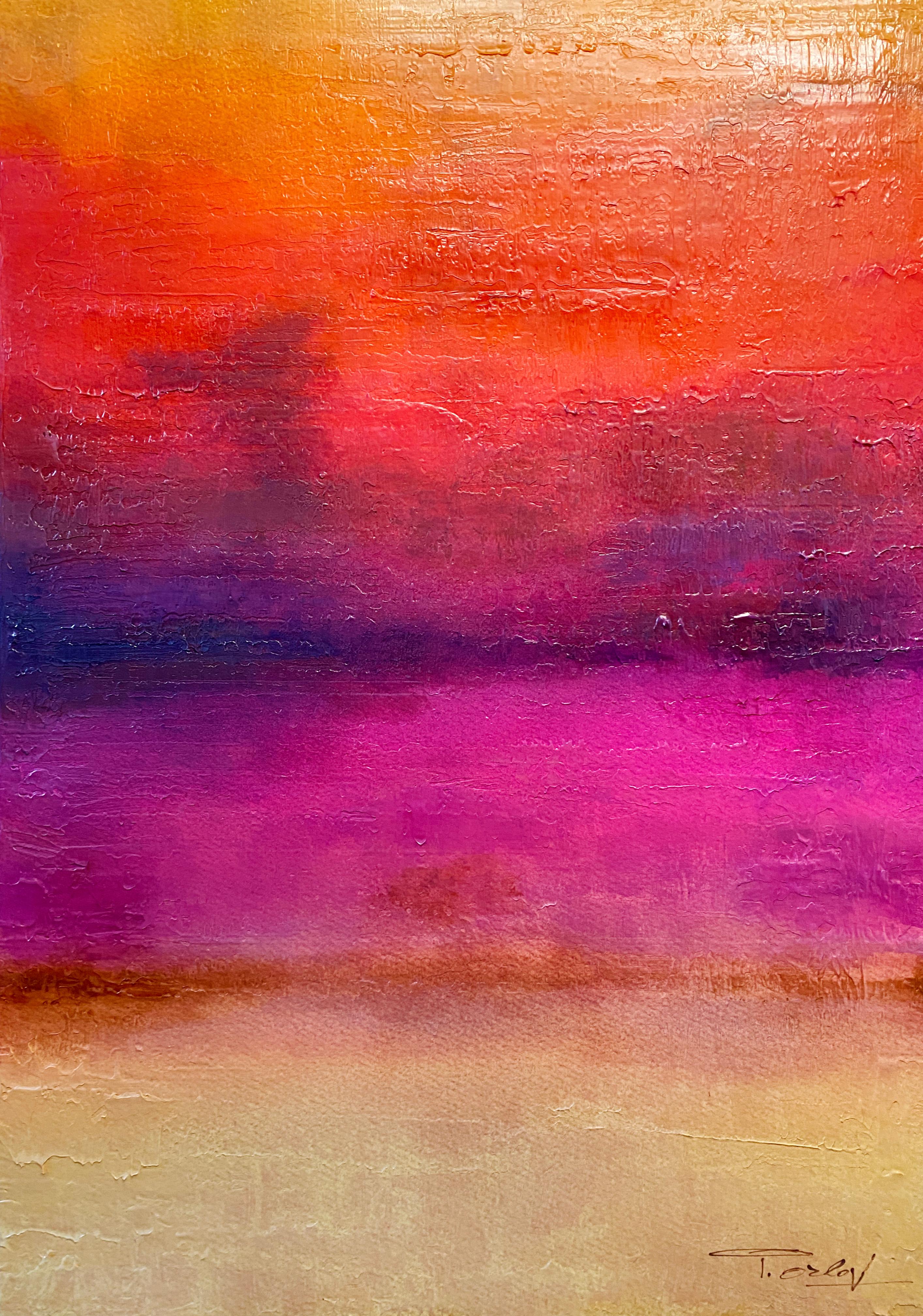 Irena Orlov Abstract Painting - Pink Red Painting Hand Textured Giclee on Canvas 40W x 60H" Inspired by Rothko 