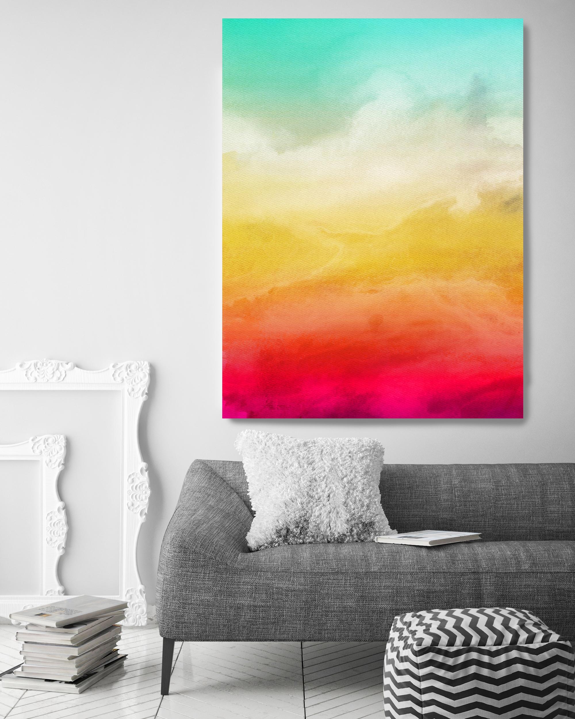 Aqua Red Yellow Watercolor Painting Hand Textured Giclee on Canvas 40W x 60H