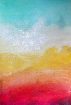 Aqua Red Yellow Watercolor Painting Hand Textured Giclee on Canvas 40W x 60H" 