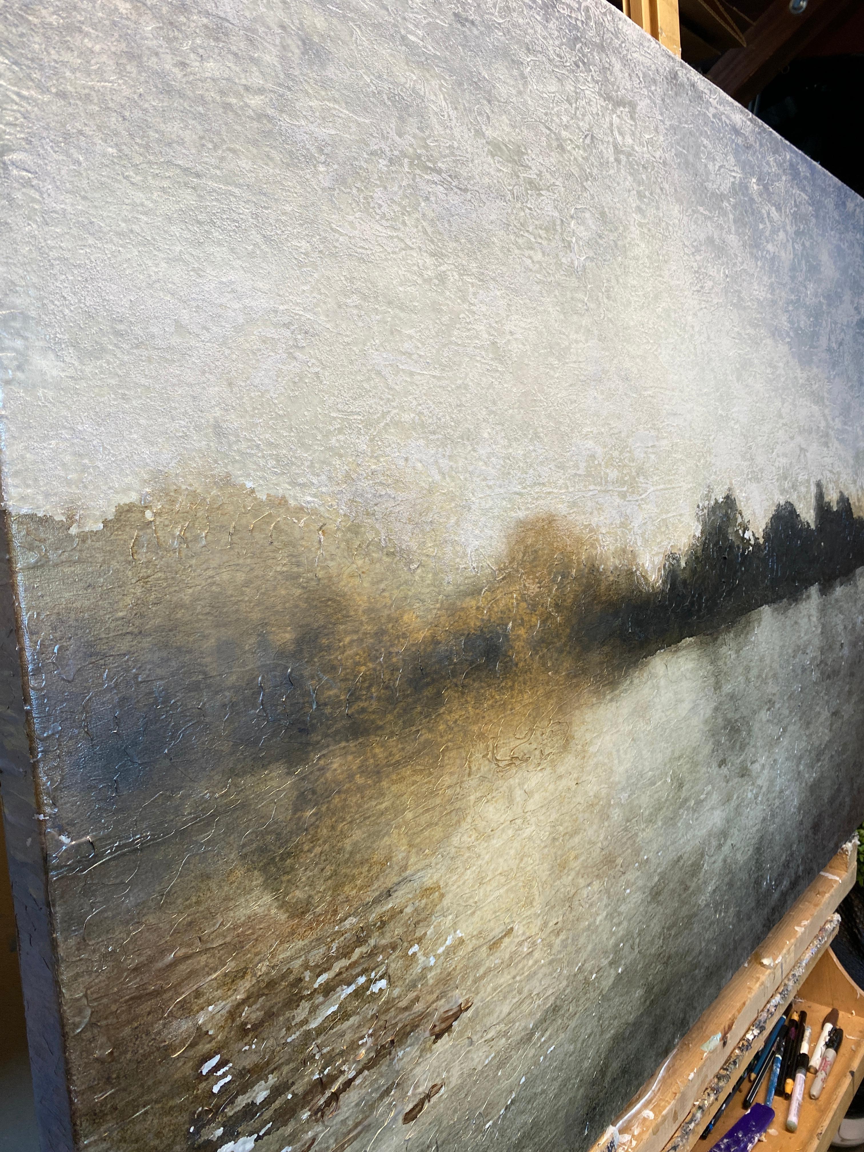 Golden Sunrise Over Trees Meereslandschaft Gemälde Mixed Medium auf Leinwand im Angebot 12