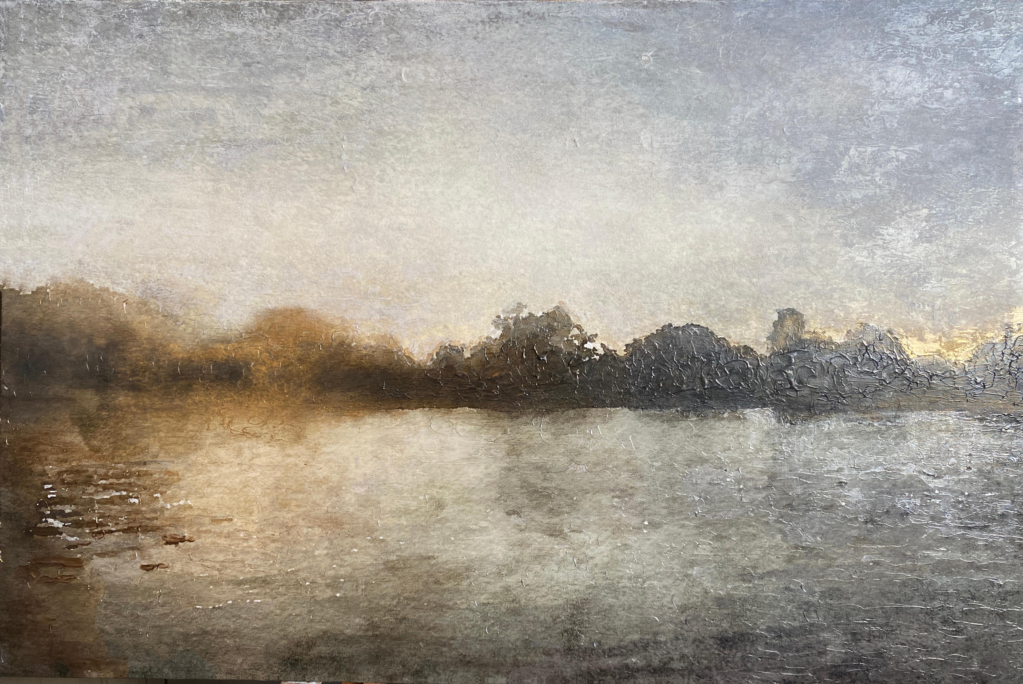 Amanecer Dorado Sobre Árboles Paisaje Marino Pintura Técnica Mixta sobre Lienzo