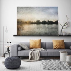 Golden Sunrise Over Trees Seascape Painting Mixed Medium on Canvas