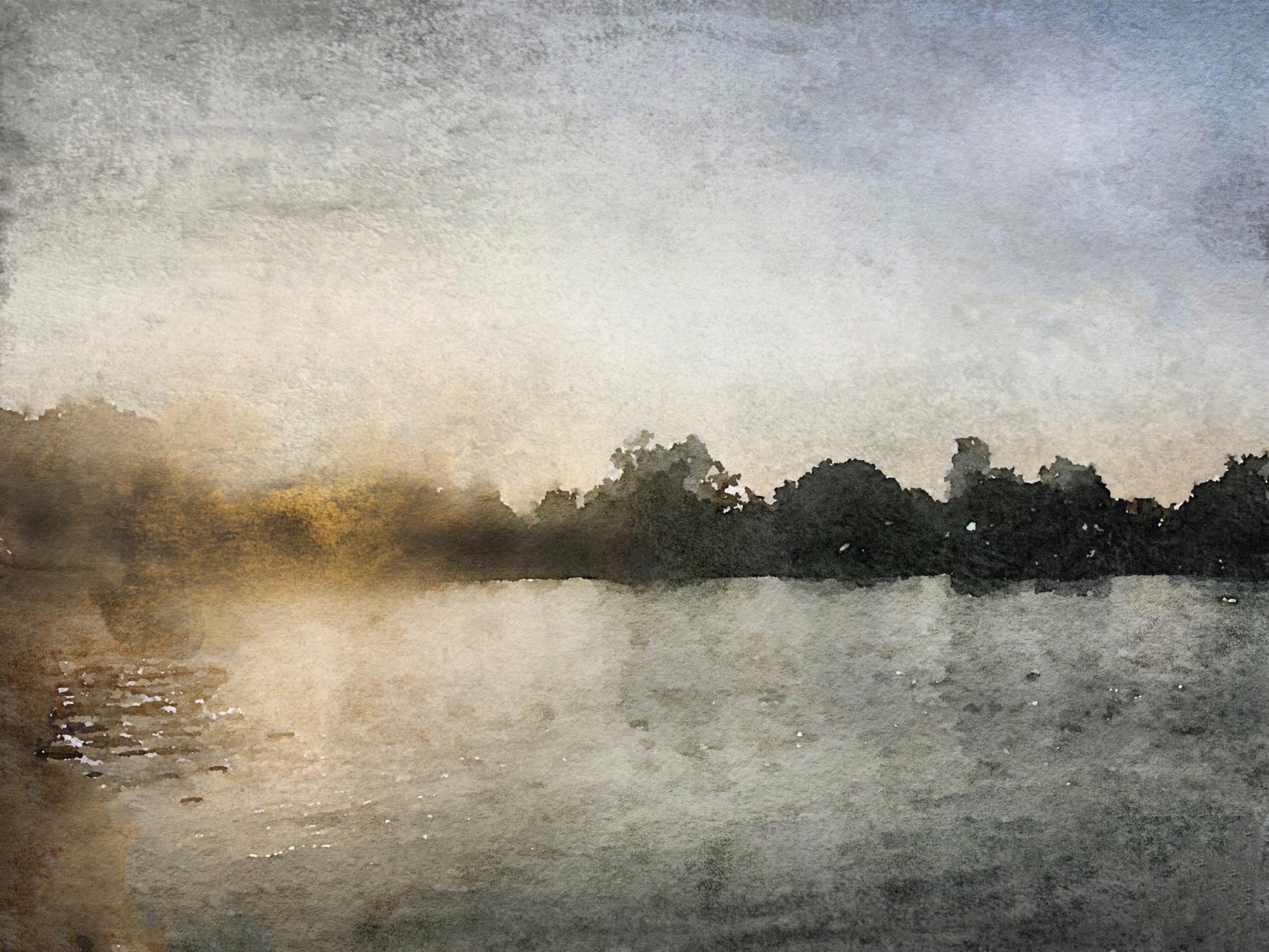 Golden Sunrise Over Trees Meereslandschaft Gemälde Mixed Medium auf Leinwand (Zeitgenössisch), Painting, von Irena Orlov