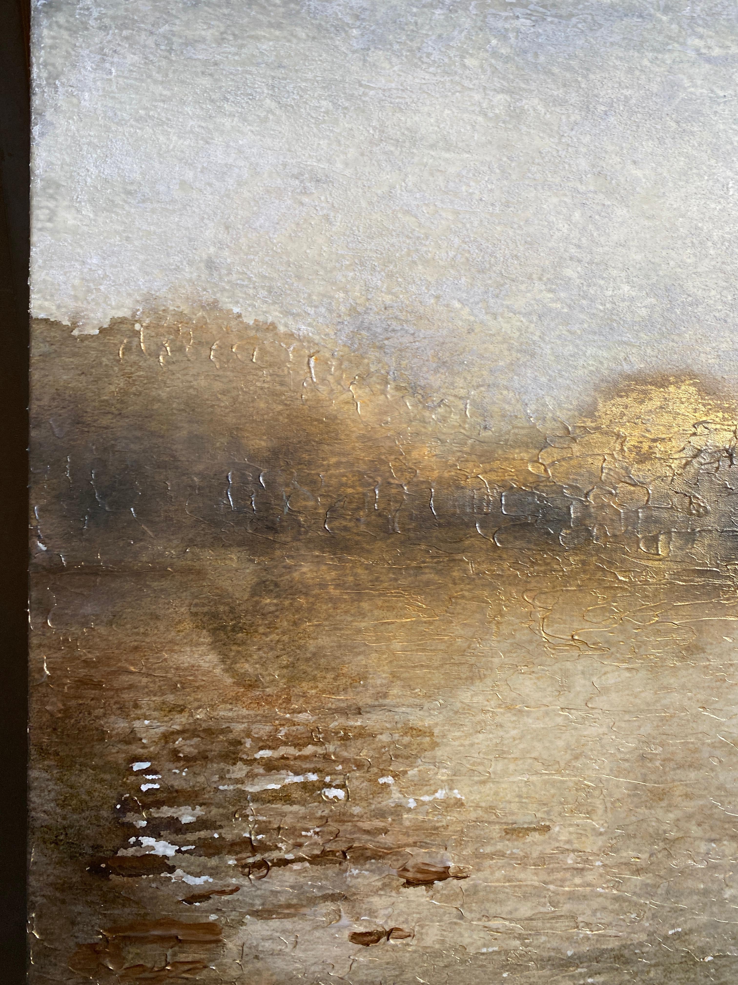 Golden Sunrise Over Trees Meereslandschaft Gemälde Mixed Medium auf Leinwand im Angebot 1