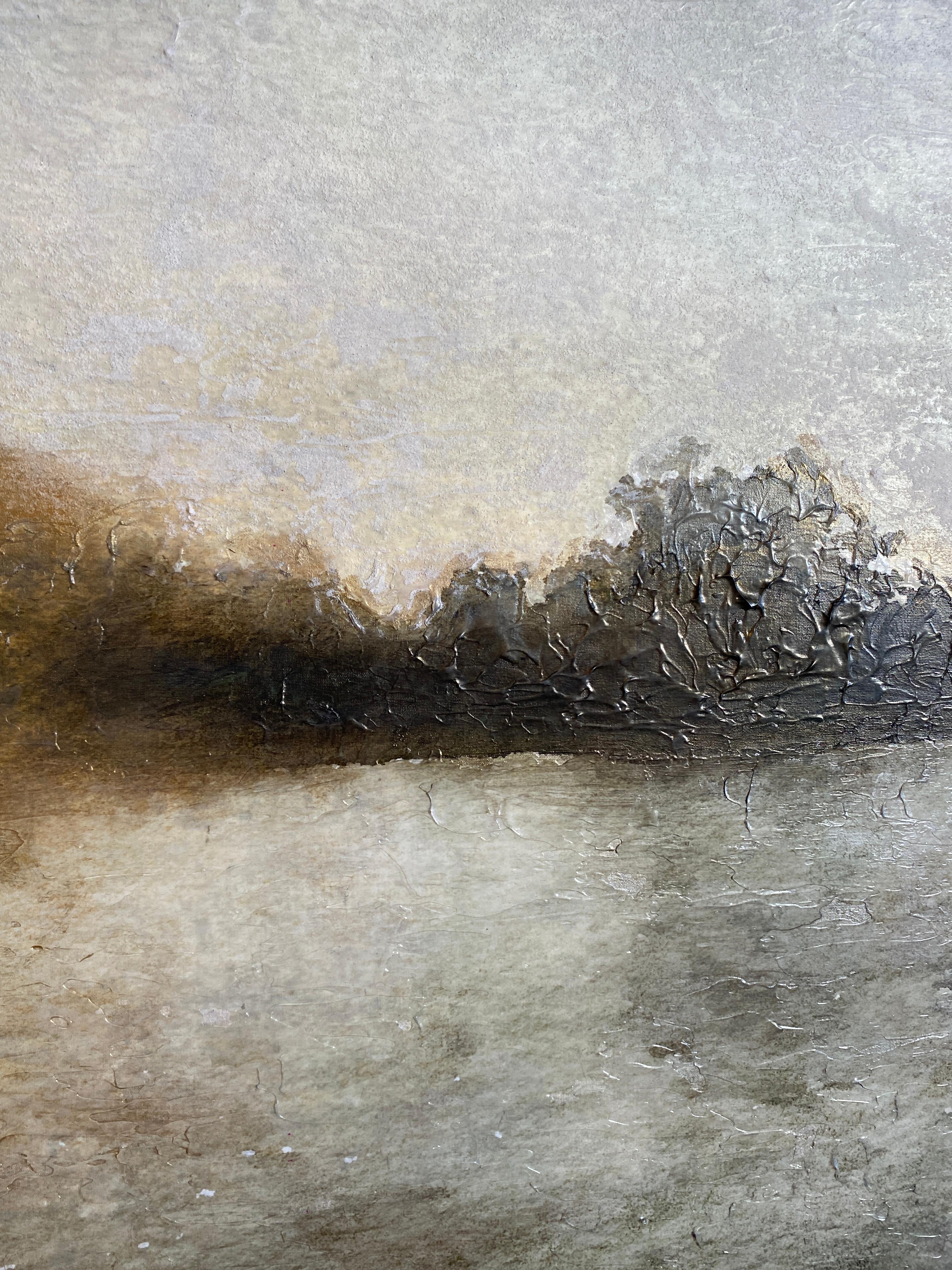 Golden Sunrise Over Trees Meereslandschaft Gemälde Mixed Medium auf Leinwand im Angebot 2