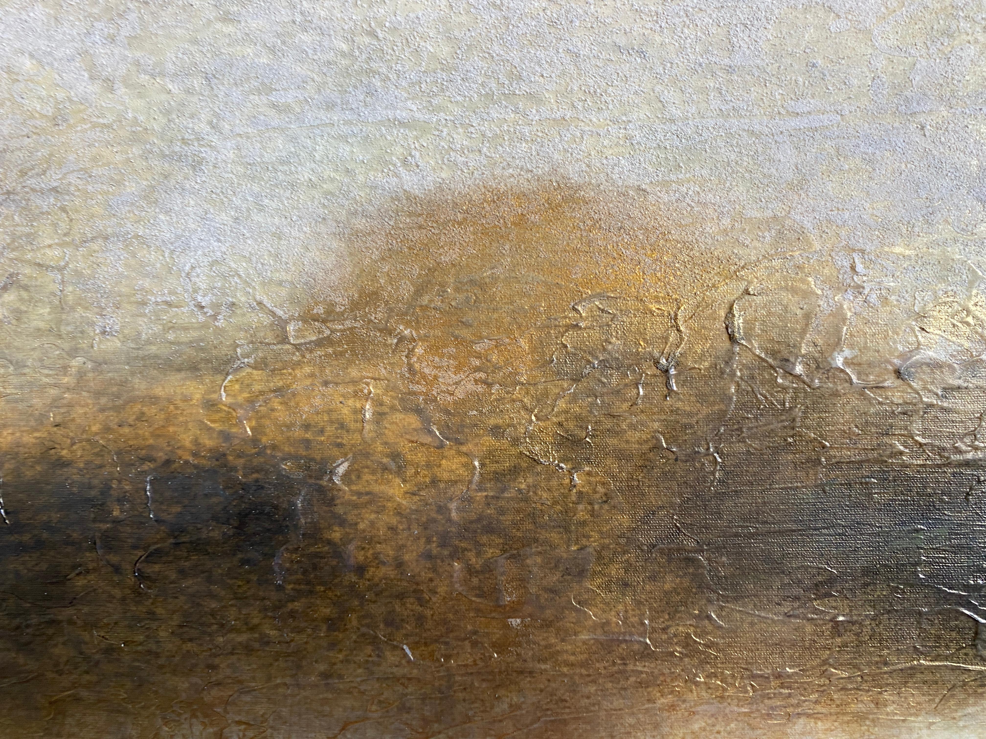 Golden Sunrise Over Trees Meereslandschaft Gemälde Mixed Medium auf Leinwand im Angebot 5
