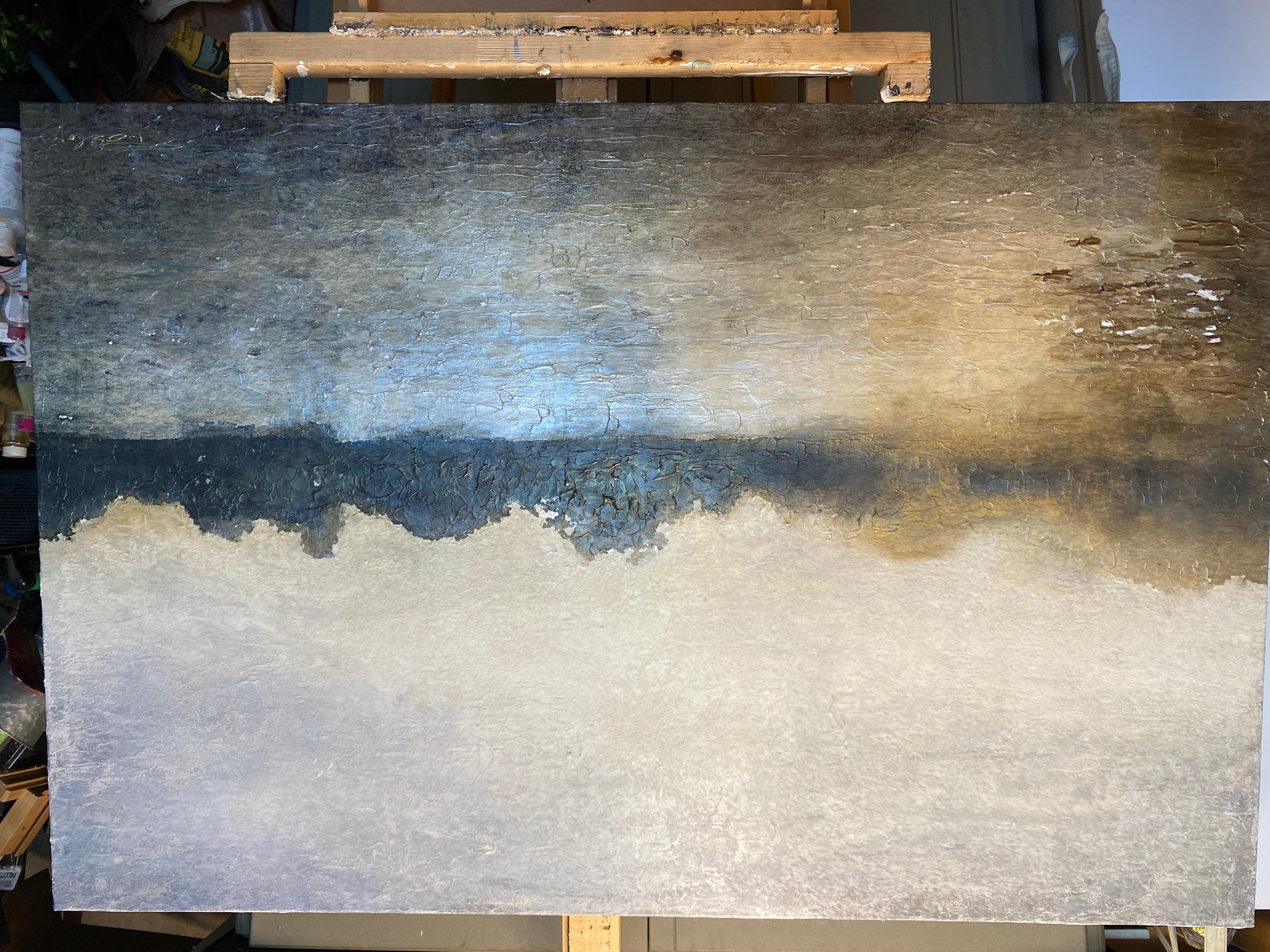 Golden Sunrise Over Trees Meereslandschaft Gemälde Mixed Medium auf Leinwand im Angebot 13