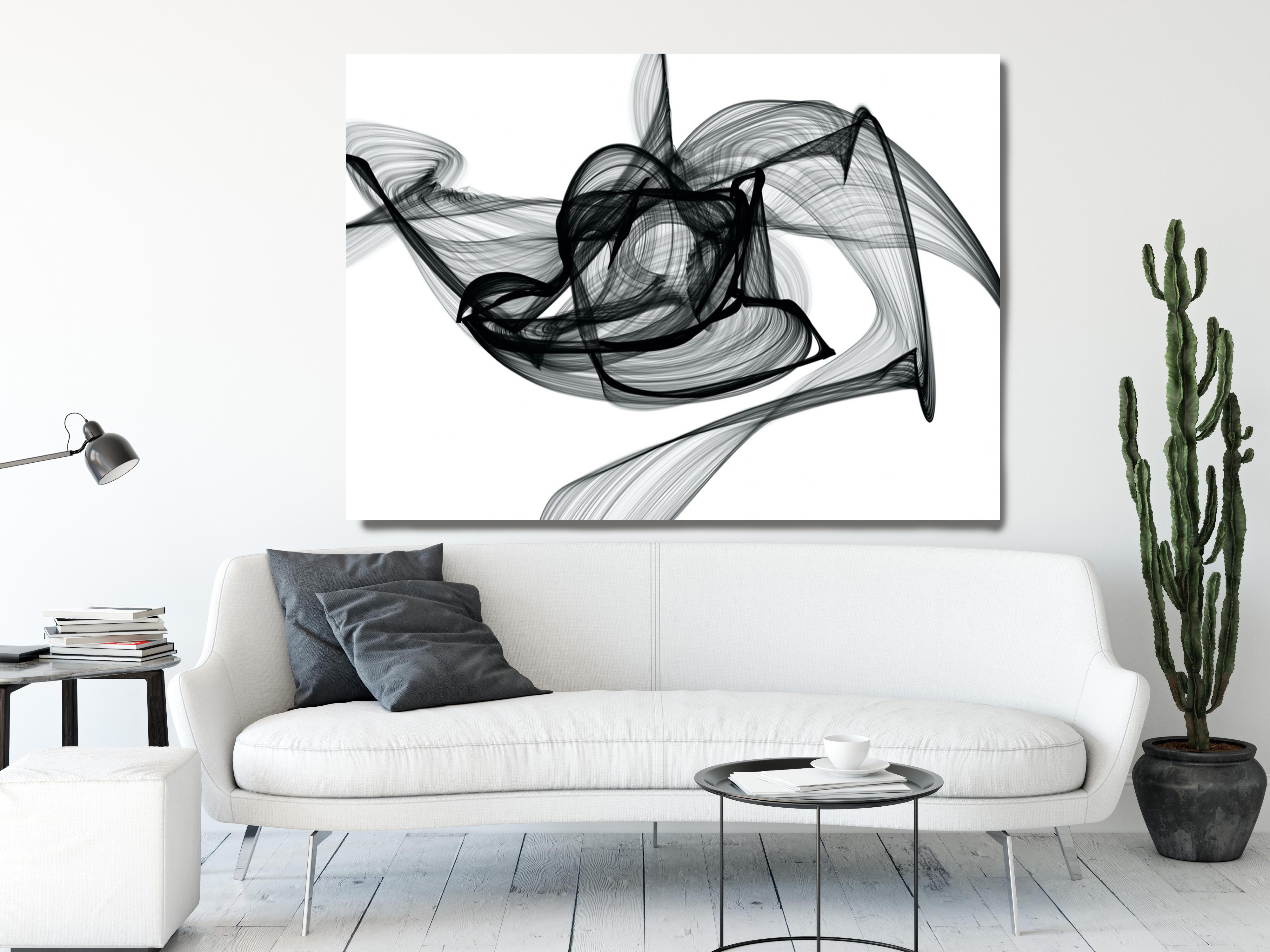 Irena Orlov Interior Painting - Black White Minimalist New Media Painting on Canvas 60x45" Outbreak