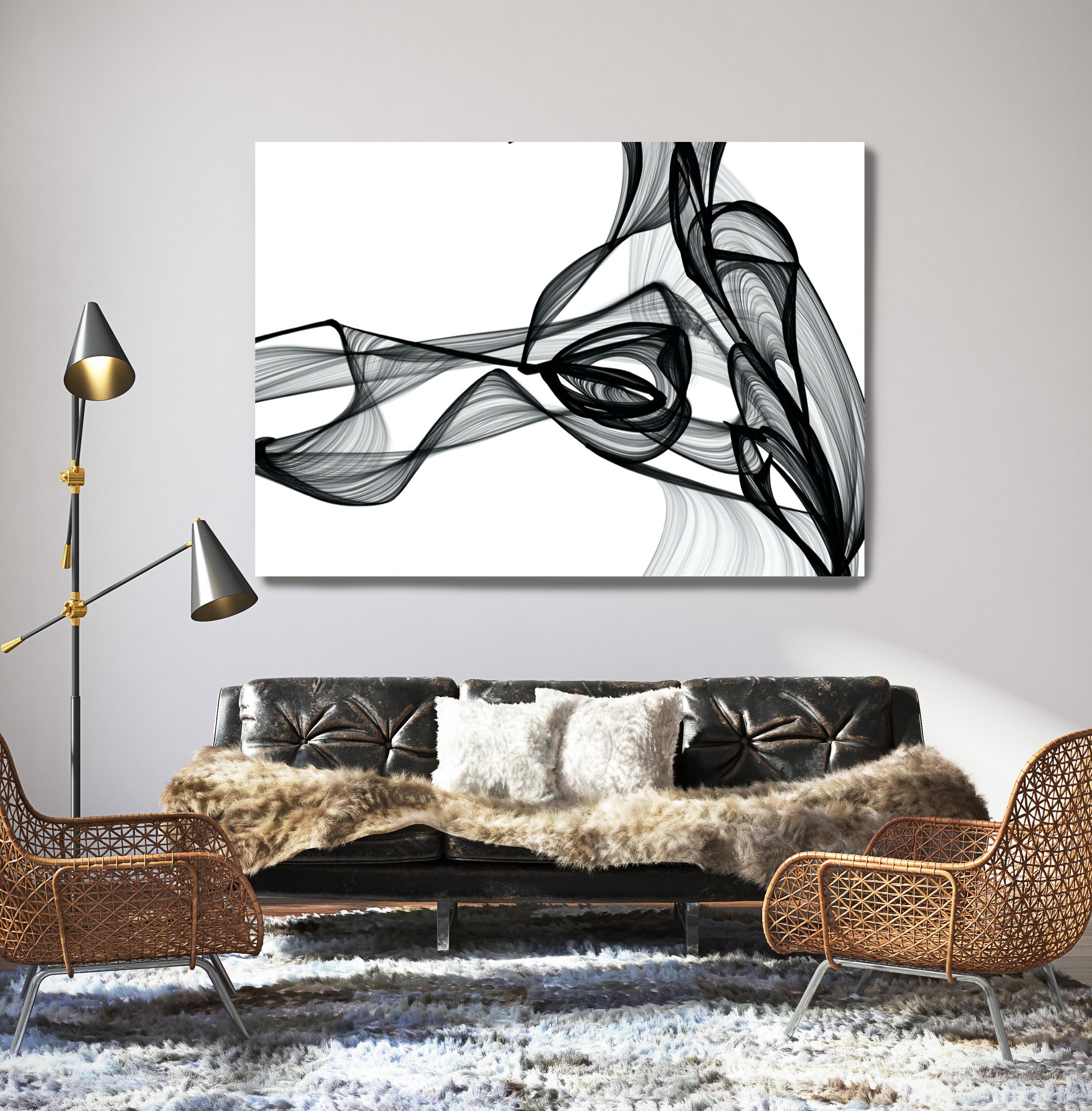 Schwarzweißes, minimalistisches New-Media-Gemälde auf Leinwand, 60x45 Zoll, Step Outside