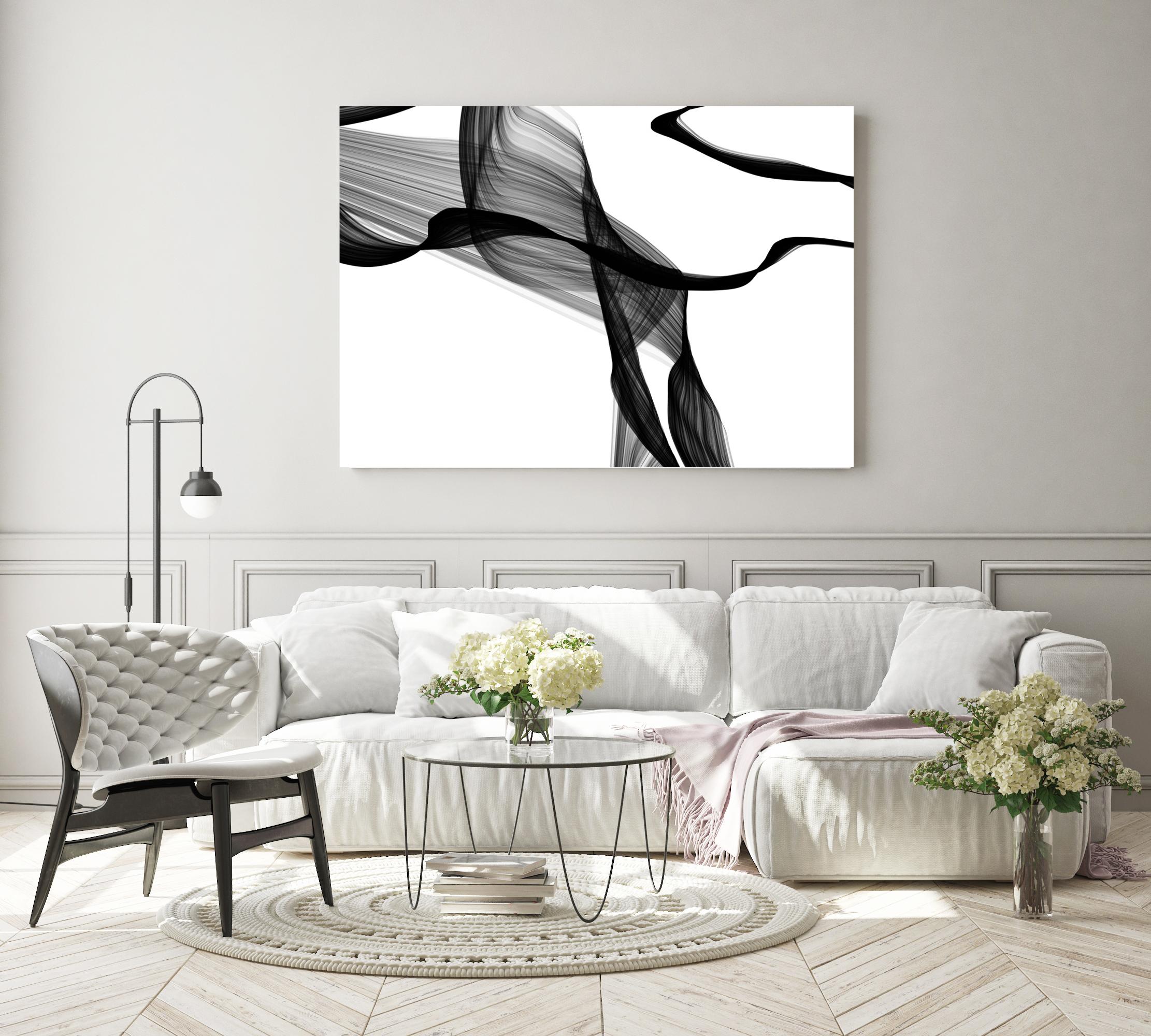 Irena Orlov Interior Painting - Black White Minimalist New Media Painting on Canvas 60x45" Deep Dream
