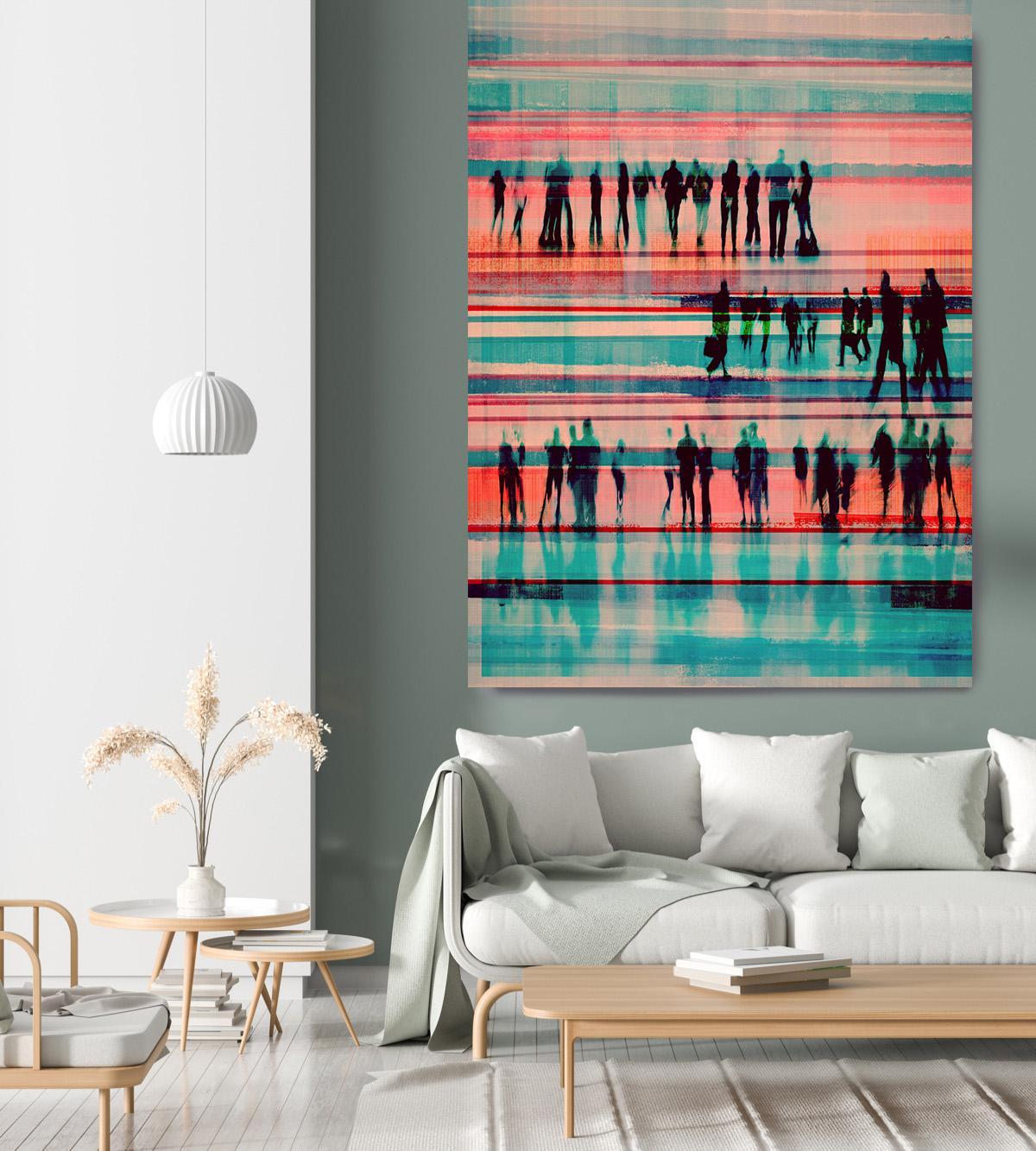 Urban Teal Coral Office Painting Mixed Media auf Leinwand 40x65" Going To Work 3-2