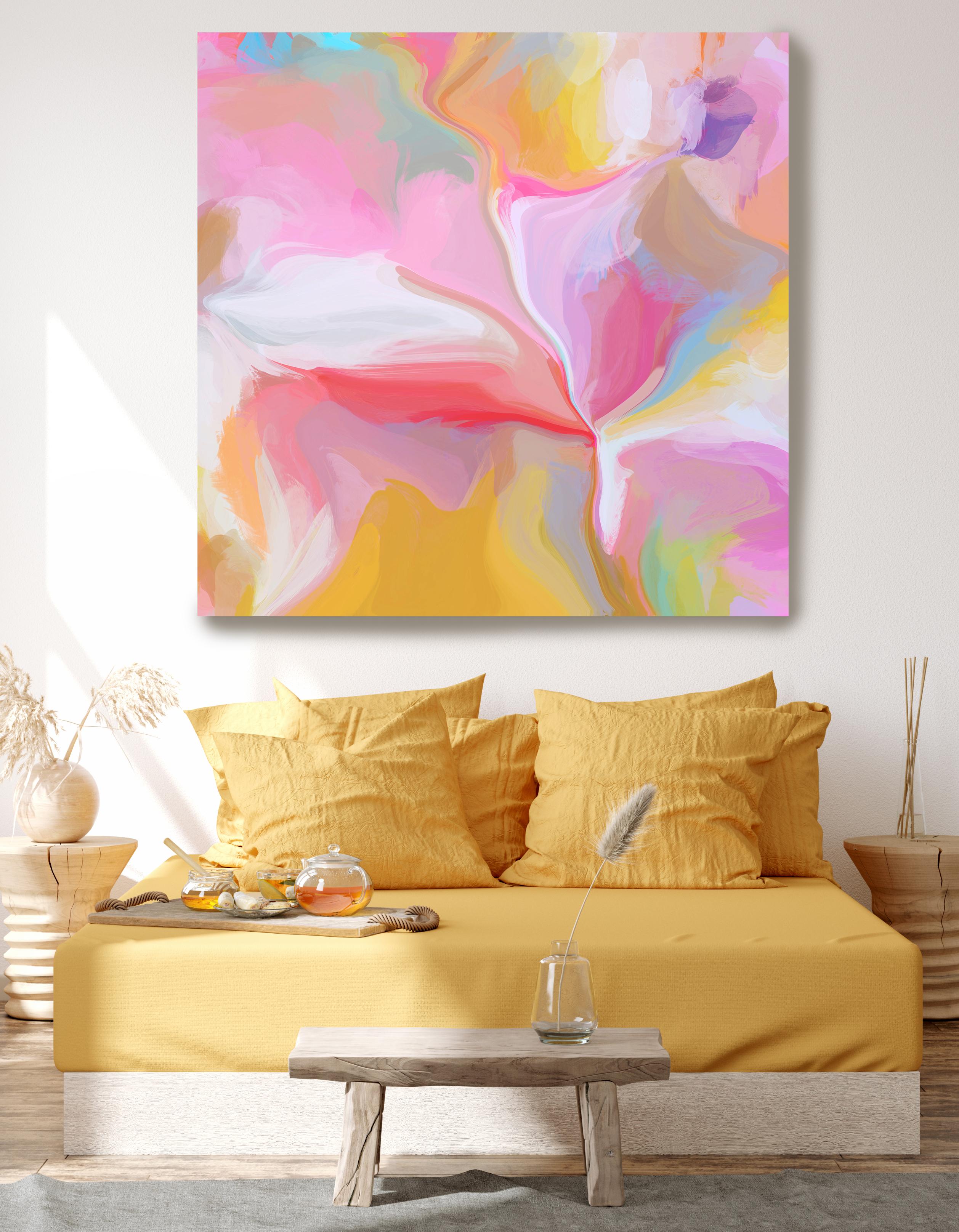 Irena Orlov Interior Painting – Gelbes, gelbes und rosafarbenes Gemälde, gemischtes Medium auf Leinwand 48x48" Happy Day