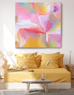 Yellow Pink Painting Mixed Medium on Canvas 48x48" Happy Day