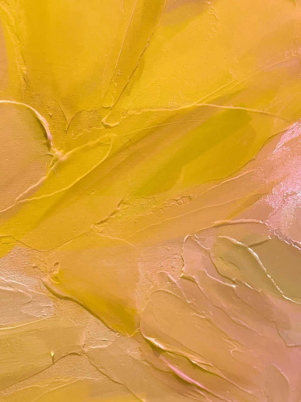 Gelbes, gelbes und rosafarbenes Gemälde, gemischtes Medium auf Leinwand 48x48