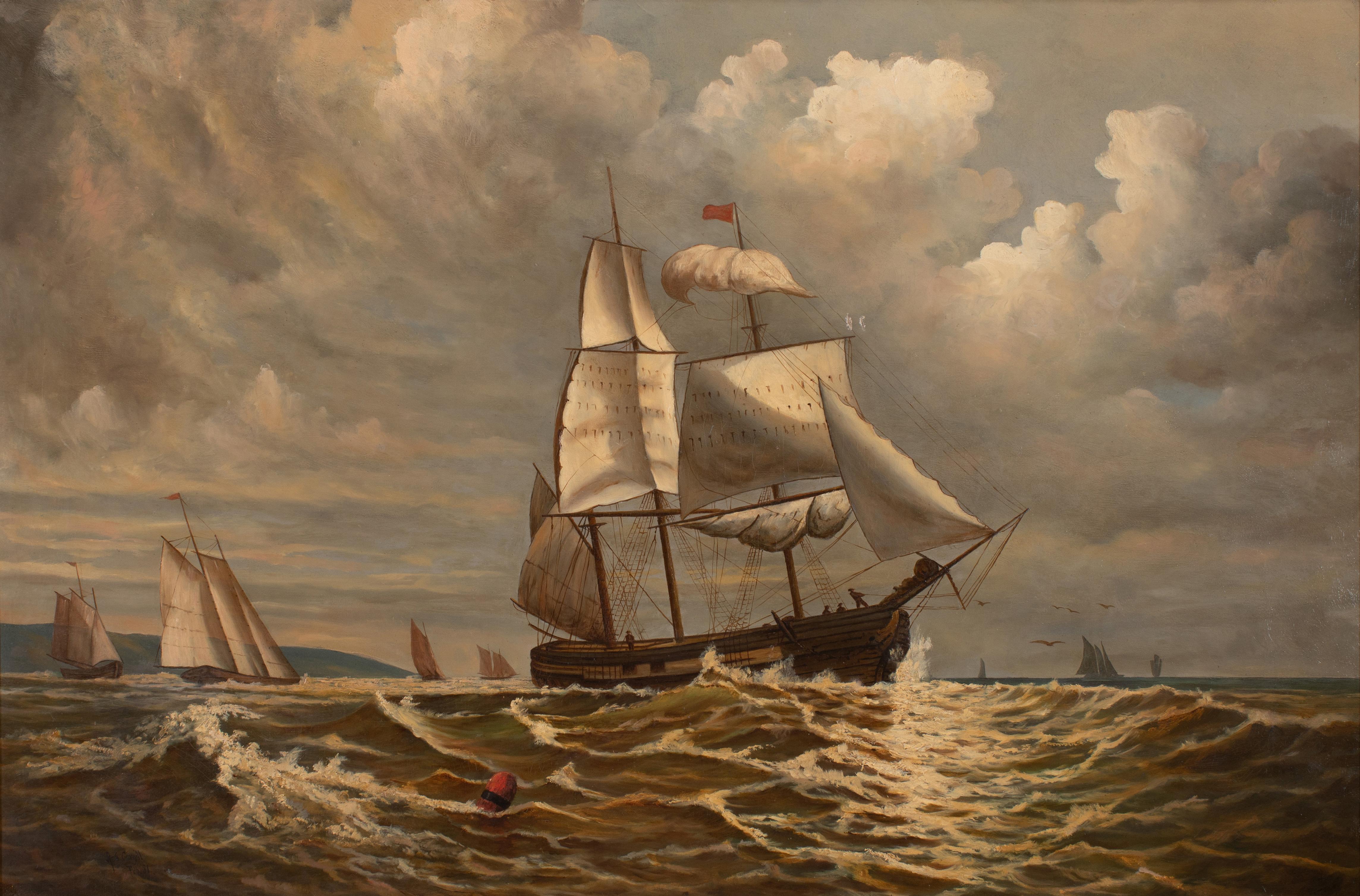 Shipping by Moonlight - Painting by R G Cargill