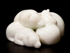 Original Chinese white jade sculpture by Ken Q Li  POLAR BEAR FAMILY