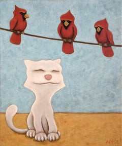 Original acrylic painting by Peter Wyse titled  TOM CAT AND THE CARDINALS 