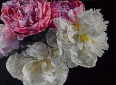 Original oil painting by Robert Lemay titled  MAGENTA AND WHITE PEONIES