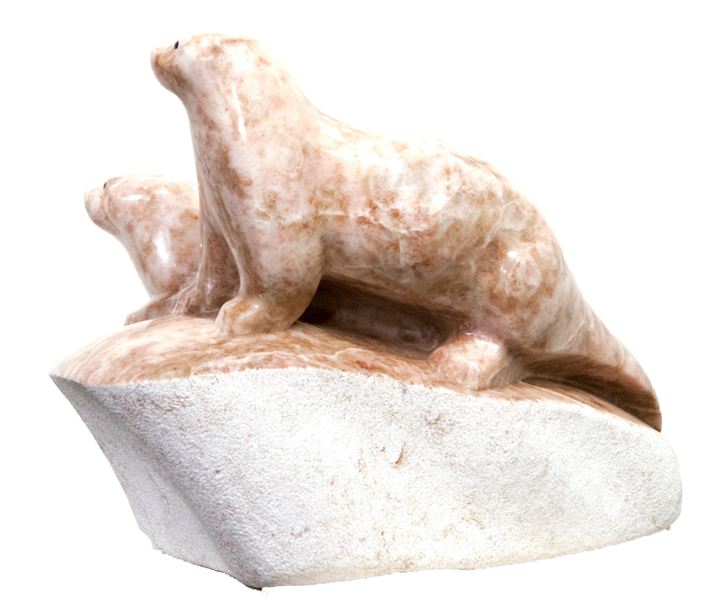 Original alabaster sculpture by David Riome  OTTERS For Sale 2
