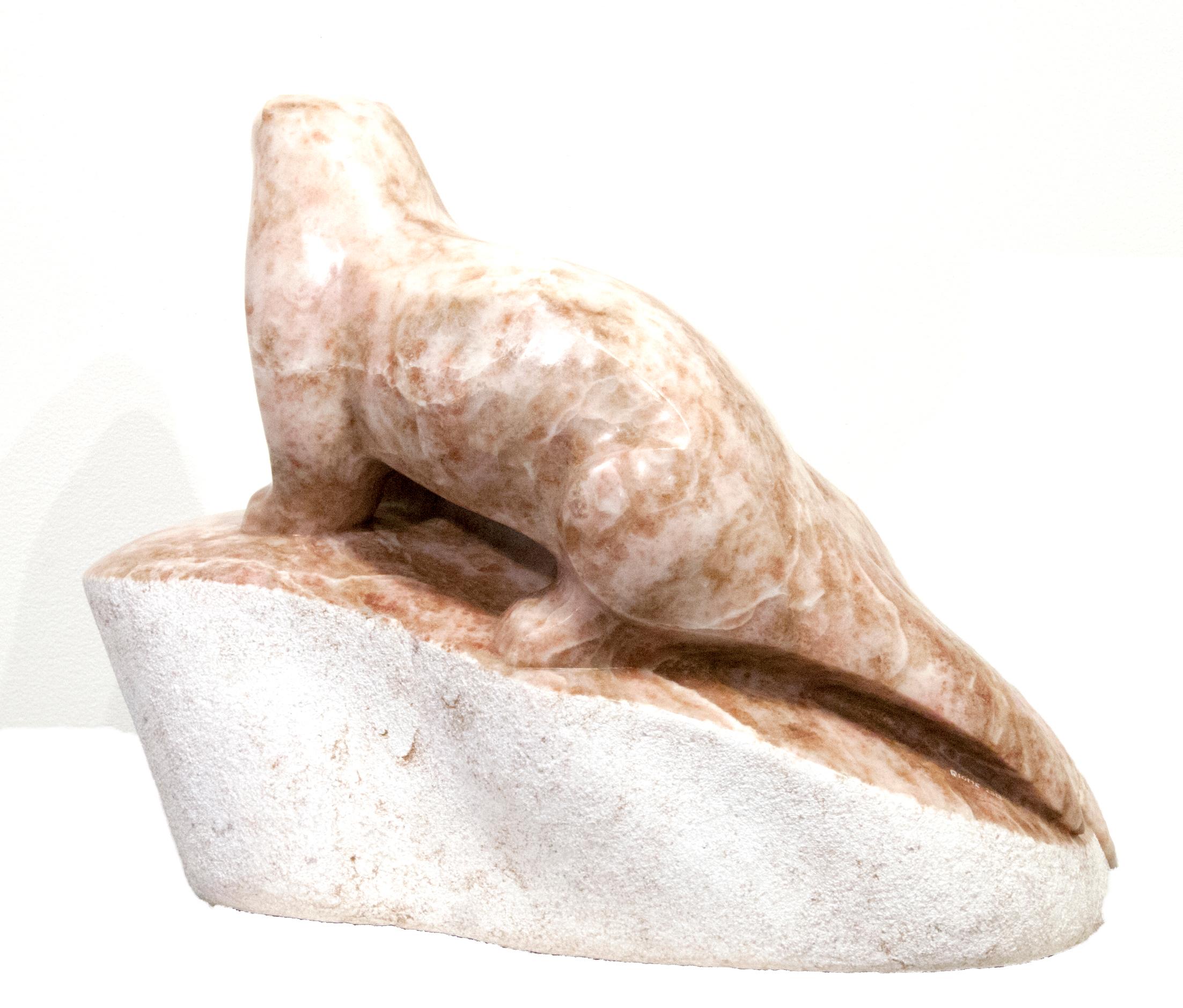 Original alabaster sculpture by David Riome  OTTERS For Sale 3