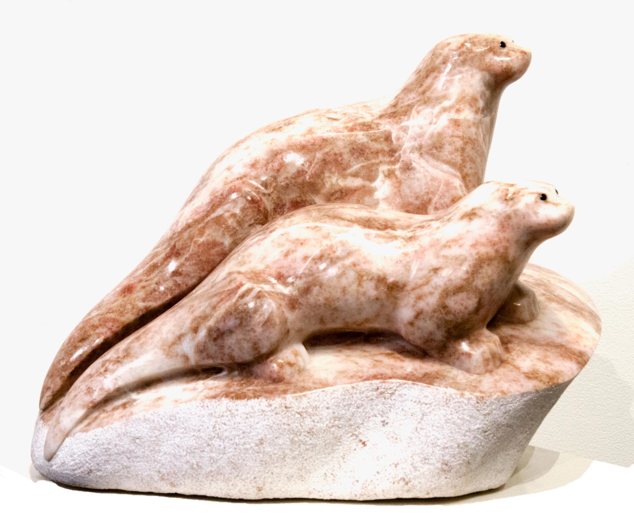 Original alabaster sculpture by David Riome  OTTERS For Sale 5
