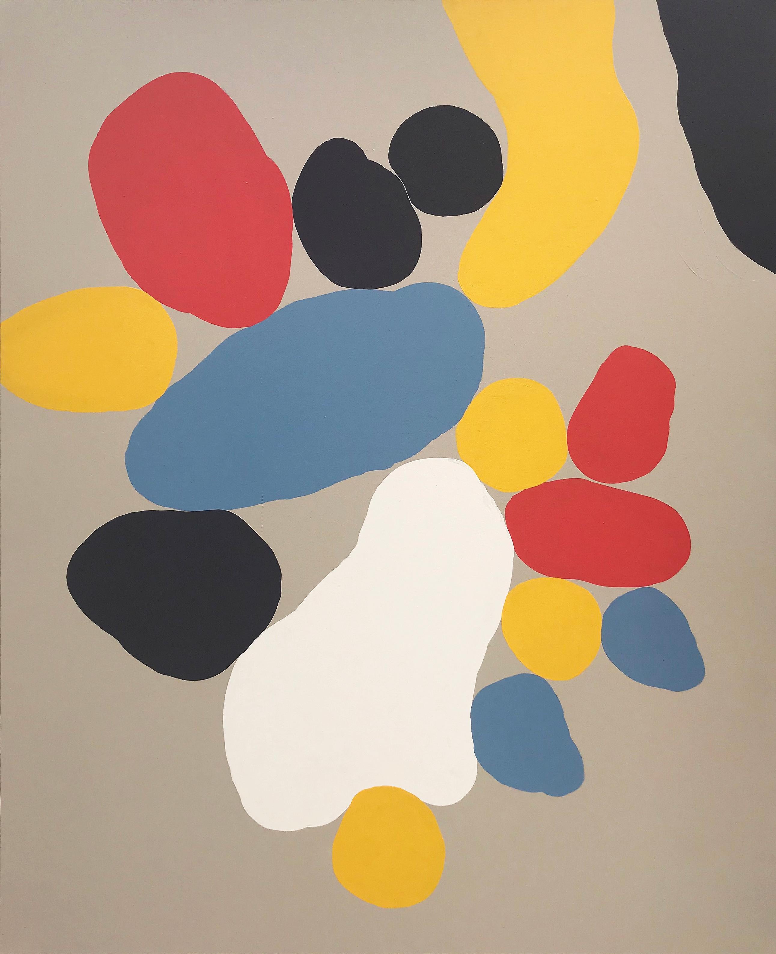 John Luckett Abstract Painting - Olive, abstract, red, blue and yellow, diptych, black and white, gray, colorful